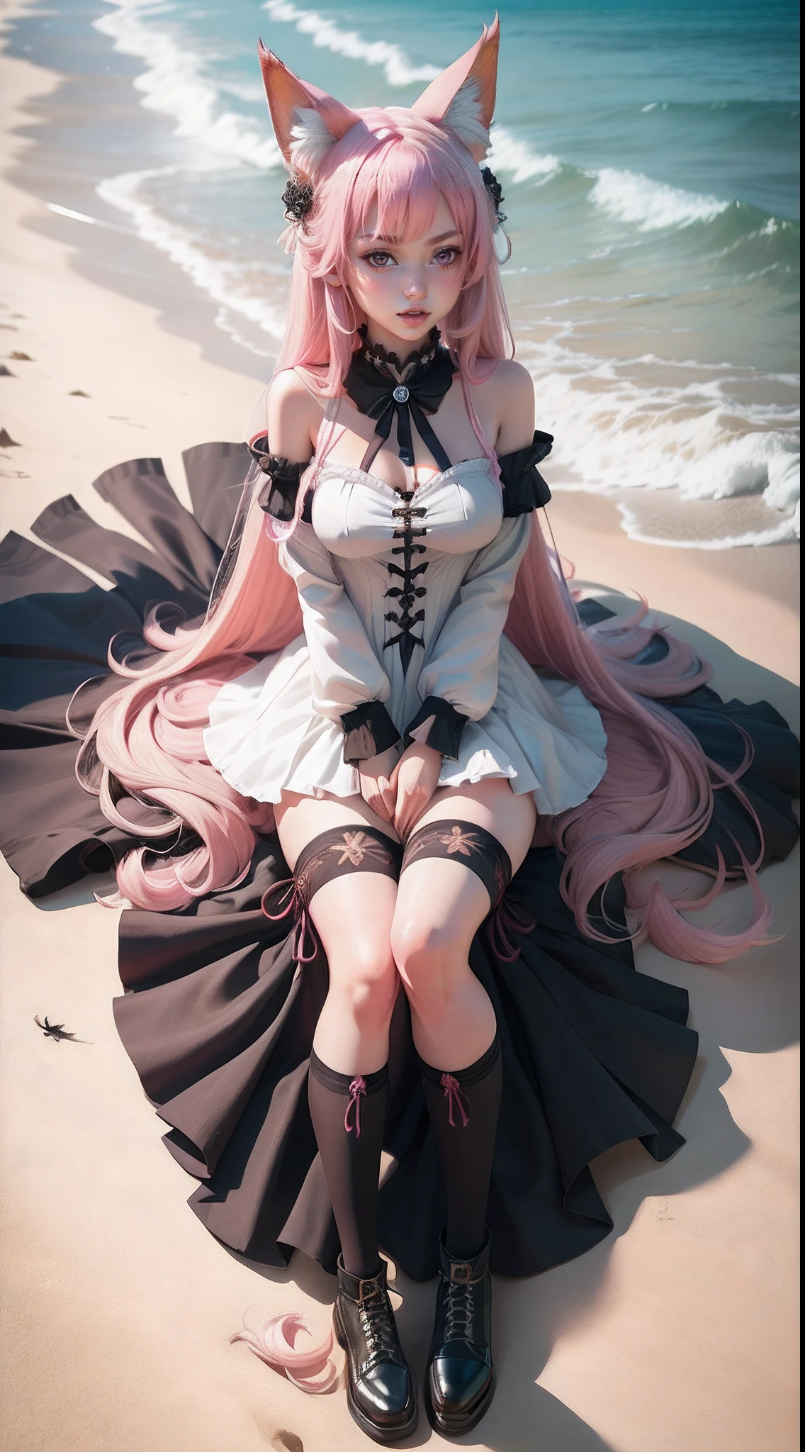 masterpiece, best quality, artbook, girl, long hair, fox_ears, masterpiece,best quality,official art,extremely detailed CG unity 8k wallpaper, bell, medium breasts, Sailor dress, white kneehighs, on the beach, original, pink hair, tongue out, black eyes, cross-laced_footwear, arms_crossed,