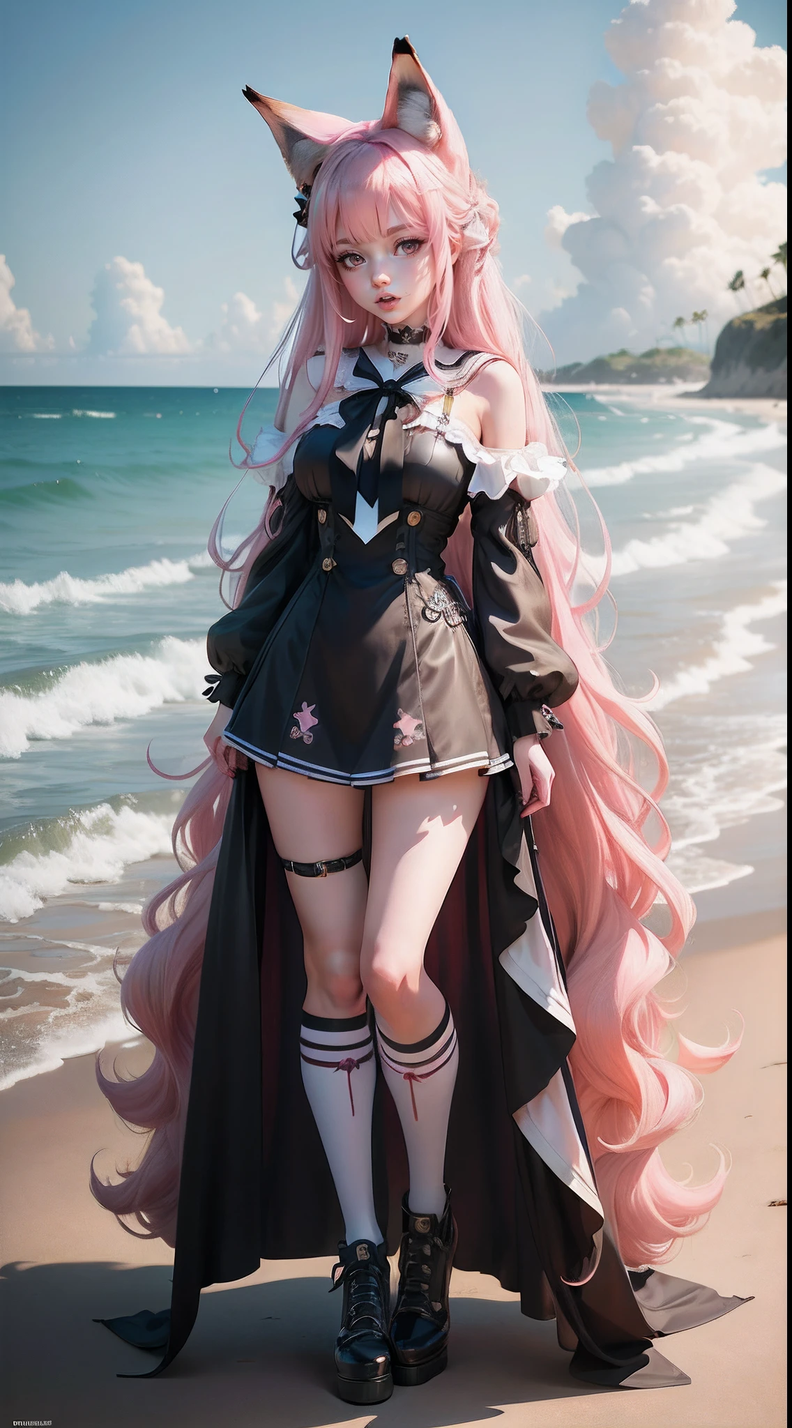 masterpiece, best quality, artbook, girl, long hair, fox_ears, masterpiece,best quality,official art,extremely detailed CG unity 8k wallpaper, bell, medium breasts, Sailor dress, white kneehighs, on the beach, original, pink hair, tongue out, black eyes, cross-laced_footwear, arms_crossed,