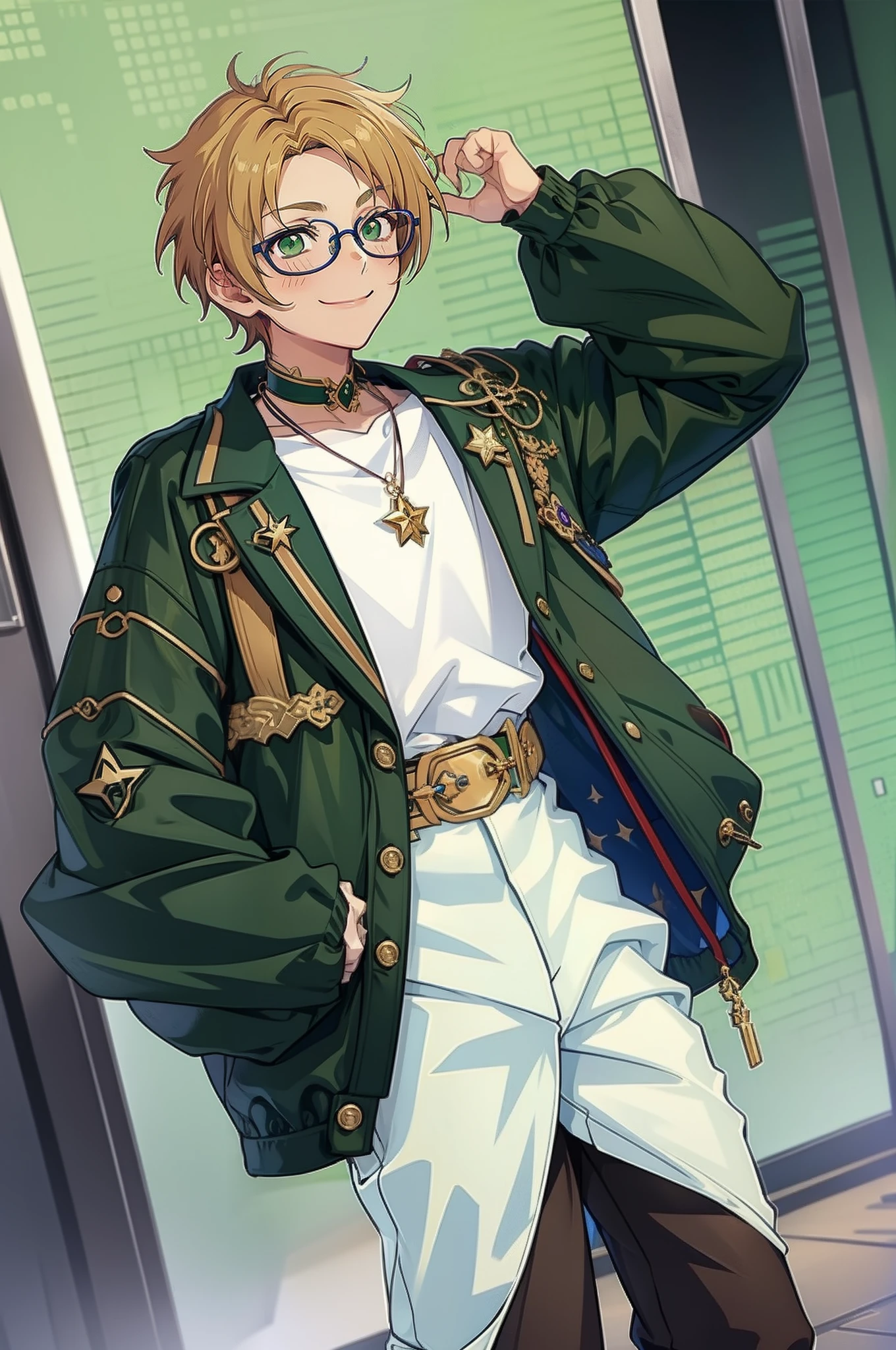 glasses, green eyes, makoto yuuki, smile, big eyes, happy, blush