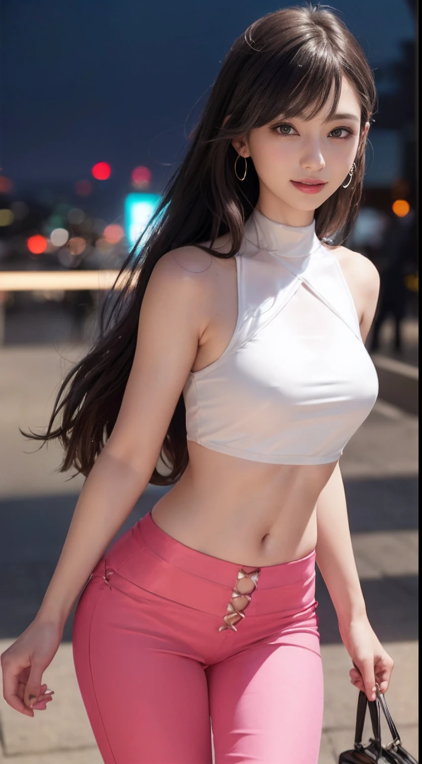 8K, Masterpiece, RAW photo, Best quality, Photorealistic, Extremely detailed CG unifies 8K wallpapers, Depth of field, Cinematic light, Lens flare, Ray tracing, (Extremely beautiful face, Beautiful lips, Beautiful eyes), intricate detail face, ((ultra detailed skin)) 1girll, In the dark, deepshadow, Pretty Korean girl, Kpop idol, 1 girl, (Very slim and slender muscular body:1.3), ((view the viewer)),(Big smile:1.3), (Tight lace-up blouse), (White color blouse), (Sleeveless) , (Fashion night, Dark night, (neon lights sign), (Blurred background), Fashion Street Night),(No one is in the background:1.3), Beautiful earrings, bangle, necklace, Pantyhose, Clear eyes, (Pale skin), (Big eyes), Face forward, ((upperbody shots)), ((Silk hot pink pants:1.3)),(brown hairs),((Skinny silk pants)), (view the viewer:1.3) open breast, Very slim, Medium breasts, Turn Back, Back shot, see through shirt, Clear pants, updo hair, Hermès bag, Rope on the shoulder,Big buttocks,Peach buttocks,