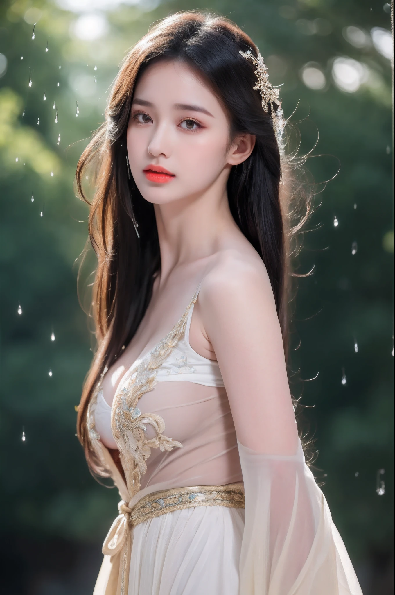 ((Best Quality, 8k, Masterpiece: 1.3)), Focus: 1.2, Perfect Body Beauty: 1.4, Buttocks: 1.2, ((Layered Haircut)), (Wet Clothes: 1.1), (Rain, Street:1.3), (Breasts: 1.2), (Hanfu: 1.2), Bare Shoulders, Bare Legs, Highly Detailed Face and Skin Texture, Fine Eyes, Double Eyelids, Whitened Skin, Long Hair, (Shut Up: 1.5), (Bokeh Background: 1.5), Big Breasts