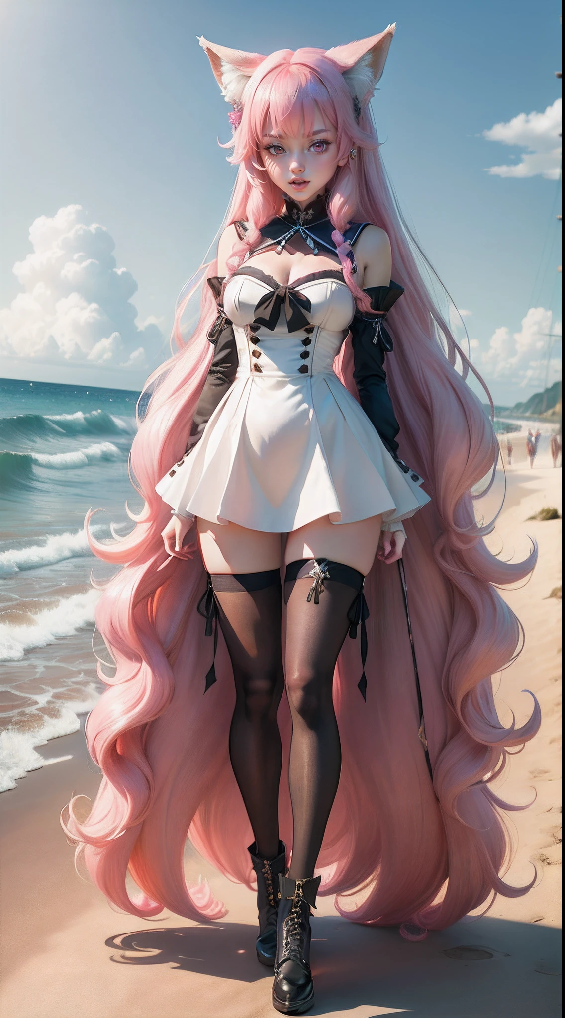 masterpiece, best quality, artbook, girl, long hair, fox_ears, masterpiece,best quality,official art,extremely detailed CG unity 8k wallpaper, bell, medium breasts, Sailor dress, white kneehighs, on the beach, original, pink hair, tongue out, black eyes, cross-laced_footwear, arms_crossed,