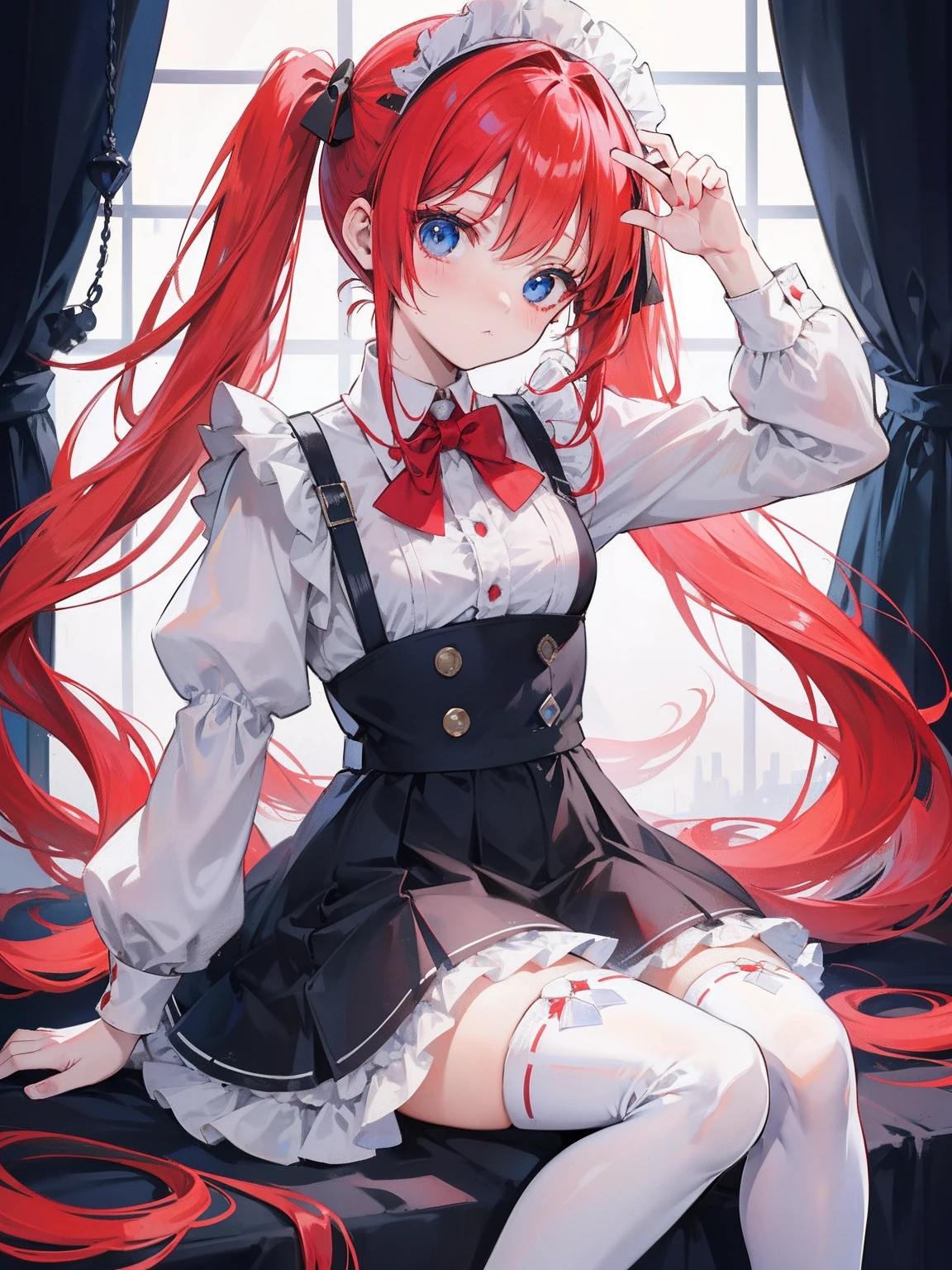 red hair,blue eyes,twintails,maid, long hair, long sleeves, gothic, solo, loli,little girl,{{best quality}}, {{masterpiece}}, {{ultra-detailed}}, {illustration}, {detailed light}, {an extremely delicate and beautiful}
