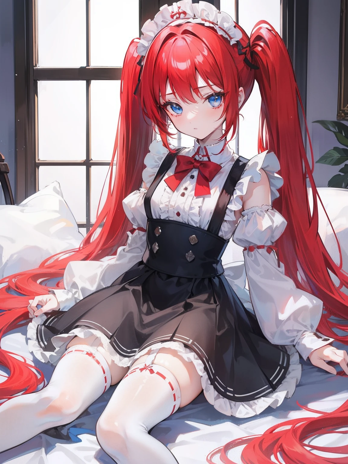 red hair,blue eyes,twintails,maid, long hair, long sleeves, gothic, solo, loli,Short skirt, white stockings,{{best quality}}, {{masterpiece}}, {{ultra-detailed}}, {illustration}, {detailed light}, {an extremely delicate and beautiful},little girl,cute,