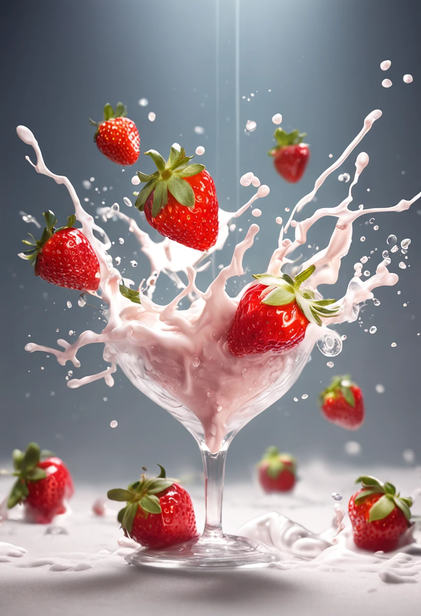 (Magical Photo:1.3) of (Realistic:1.3),(Energetic:1.3) product photography of a strawberries falling into a glass of milk, splash, intricate, epic,(by Artist RHADS:1.3),Highly Detailed,(Provia:1.3)