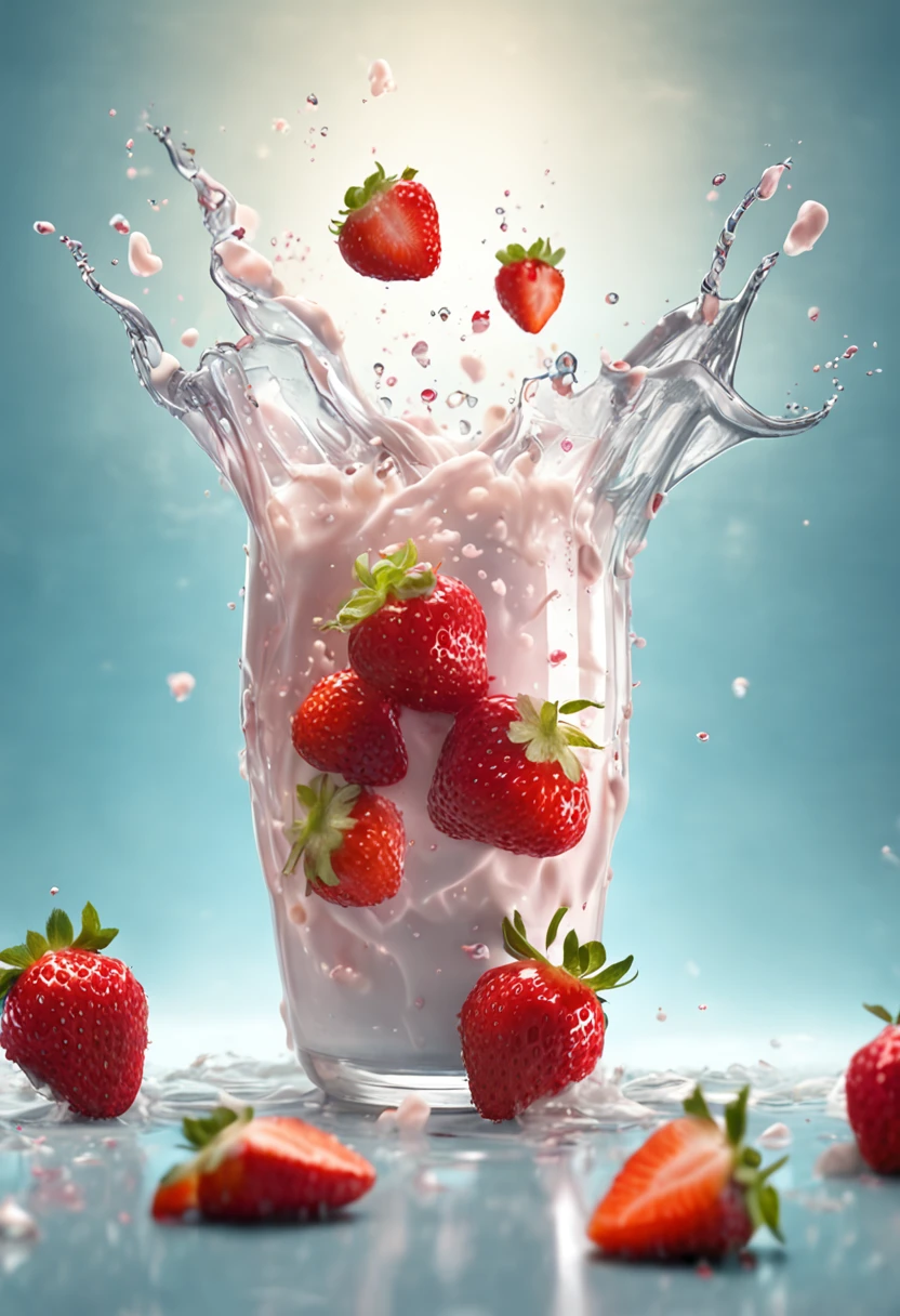 (Magical Photo:1.3) of (Realistic:1.3),(Energetic:1.3) product photography of a strawberries falling into a glass of milk, splash, intricate, epic,(by Artist RHADS:1.3),Highly Detailed,(Provia:1.3)