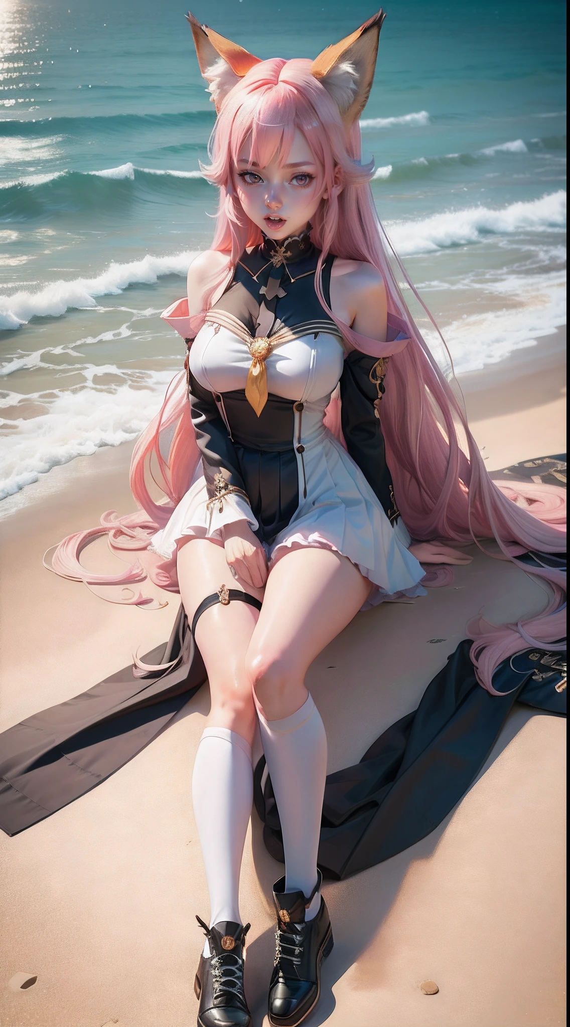 masterpiece, best quality, artbook, girl, long hair, fox_ears, masterpiece,best quality,official art,extremely detailed CG unity 8k wallpaper, bell, medium breasts, Sailor dress, white kneehighs, on the beach, original, pink hair, tongue out, black eyes, cross-laced_footwear, arms_crossed,