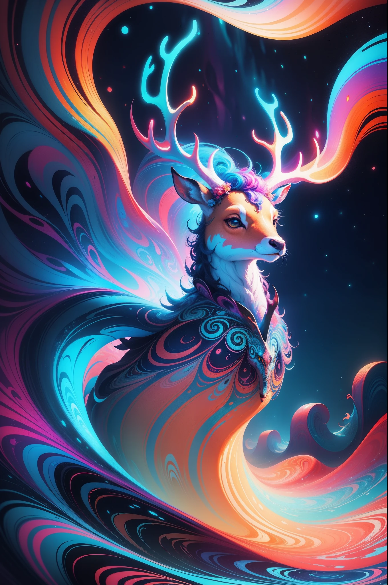 (Psychedelic painting of deer standing in front of colorful whirlpools), ((Multi-sewn large antlers, stag, Big head)), Light and shadow, Waves, Multi-layered, foreground, Distant view, fractal thunder dan mumford, Dan Mount Ford and Alex Gray style, psychedelic surreal art, surreal psychedelic design, Fantasy art style, Illusion psychedelic art, Infinite psychedelic waves, Inspired by Cyril Rolando, True corrugated structure, Psychedelic art style, trippy art, psychedelic illustrations，Bio-luminescence, vibrant, Colourful, Color, (Glowing, Glow), (Beautiful composition), Cinematic lighting, Intricate, (Symmetrical:0.5), Whimsical,