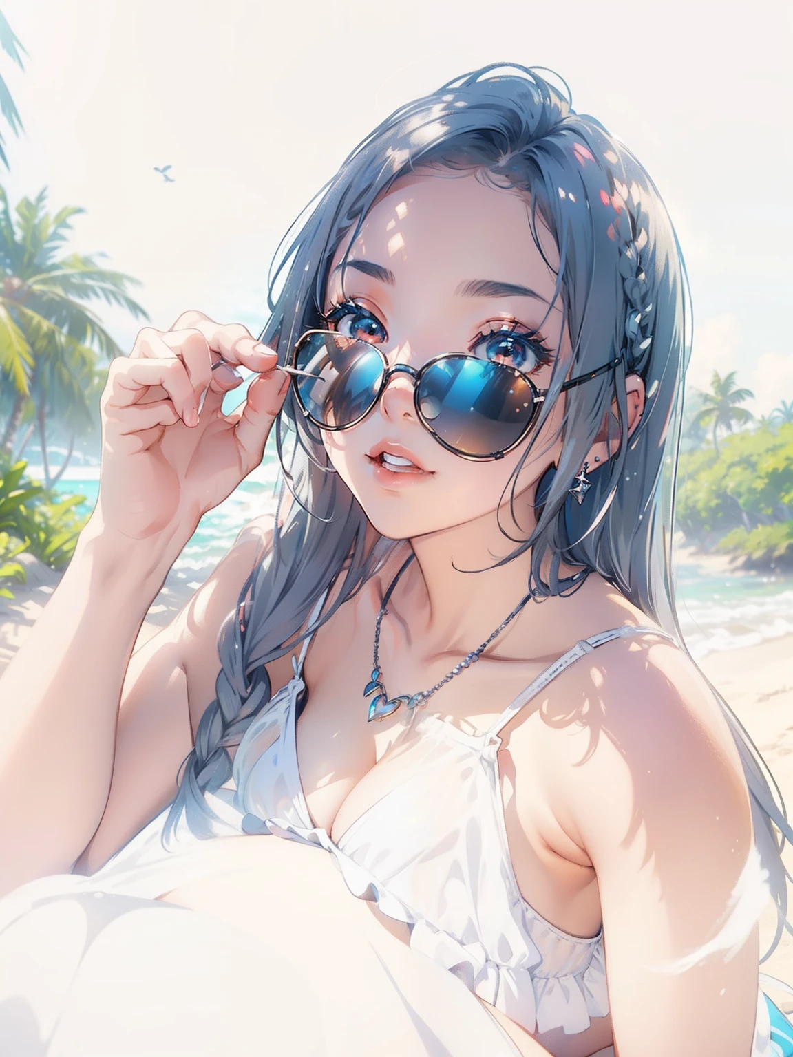 masterpiece, top-quality, Detailed details, Detailed landscapes, beatiful lights, Beautiful Shadows,one girls,12year old,((open one's legs)),(Stand on one knee),Child's body shape,huge smile,(innocent smiles),detailed skin textures,flipflops,long,Bunching hair,Silver hair ornament、silber hair,piercings、Silver necklace、Red bright eyes、Children's swimwear,Fluffy swimsuit,Flip fluffy mini skirt,sea side、Sitting on a man's lap,sitting on、beach parasol、L size drinks、blue-sky、llight rays、High contrast,((pov from down)),(((Look up from between your legs)))
