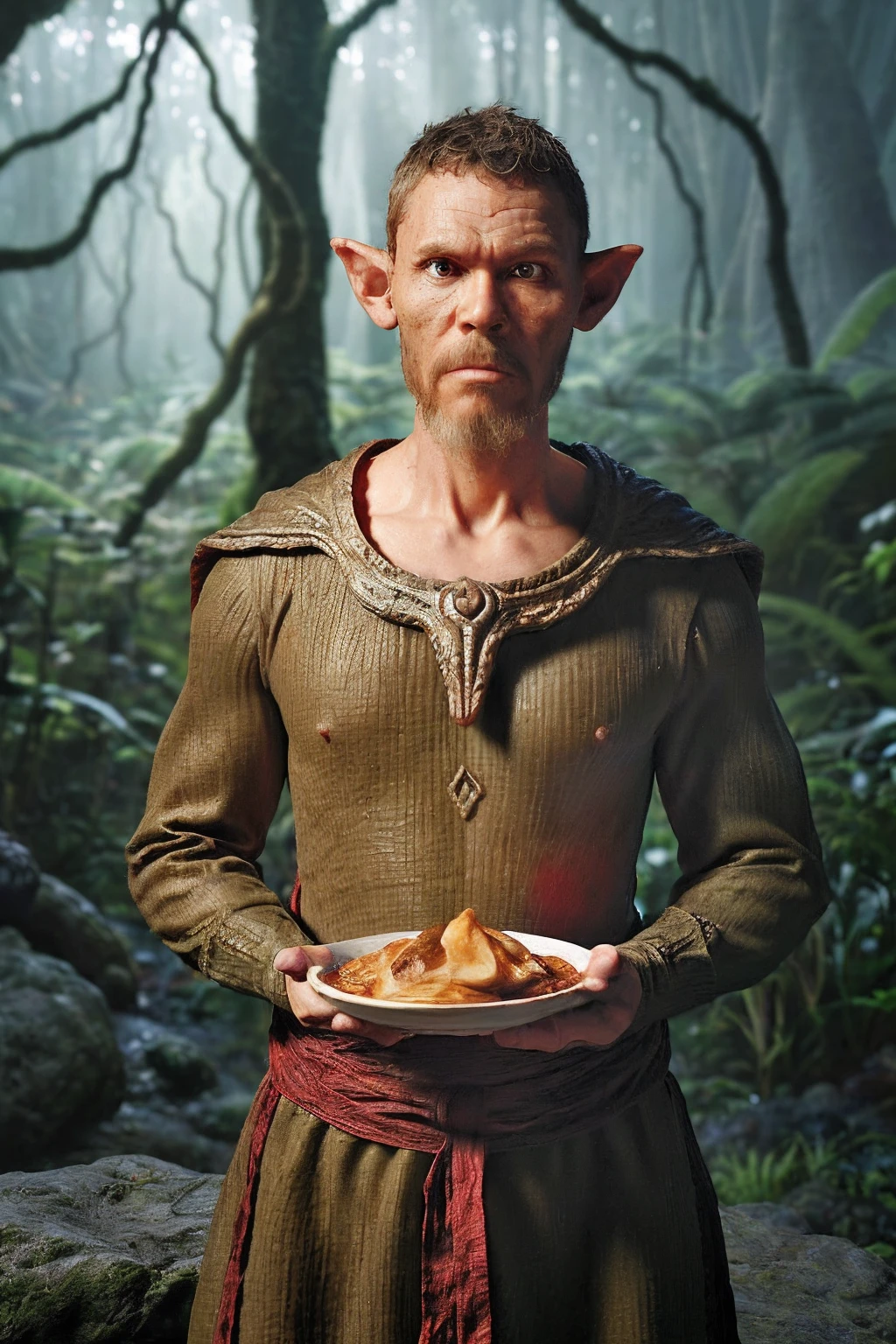 guttonerdvision10, a hyper-realistic high-definition portrait of a ((garoto elfo de 3 anos de idade)) In the heart of a lush jungle. Este elfo deve ter um rosto detalhado (com escala 1.4), (cabelos longos brancos como prata:1.4), e estar vestido com trajes de couro. Your elven ears should be visible prominently. A cena deve ser ambientada (((in the nighttime))), com um, Almost supernatural lighting casting a crimson glow over the entire atmosphere, Creating a magical environment. The art should capture precise detail and be rendered in breathtaking 8K resolution.