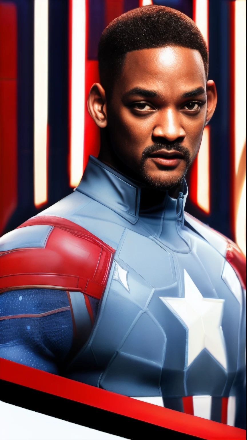 . . Tarantino style Will Smith as Captain America 8k, HD, face detail, face detail, eye detail, suit detail, Marvel and DC style, ultra-realistic, + cinema lens + dynamic composition, incredible detail, sharpening, detail + superb detail + night of lights + perfectionism + award-winning realism ((moody lights))