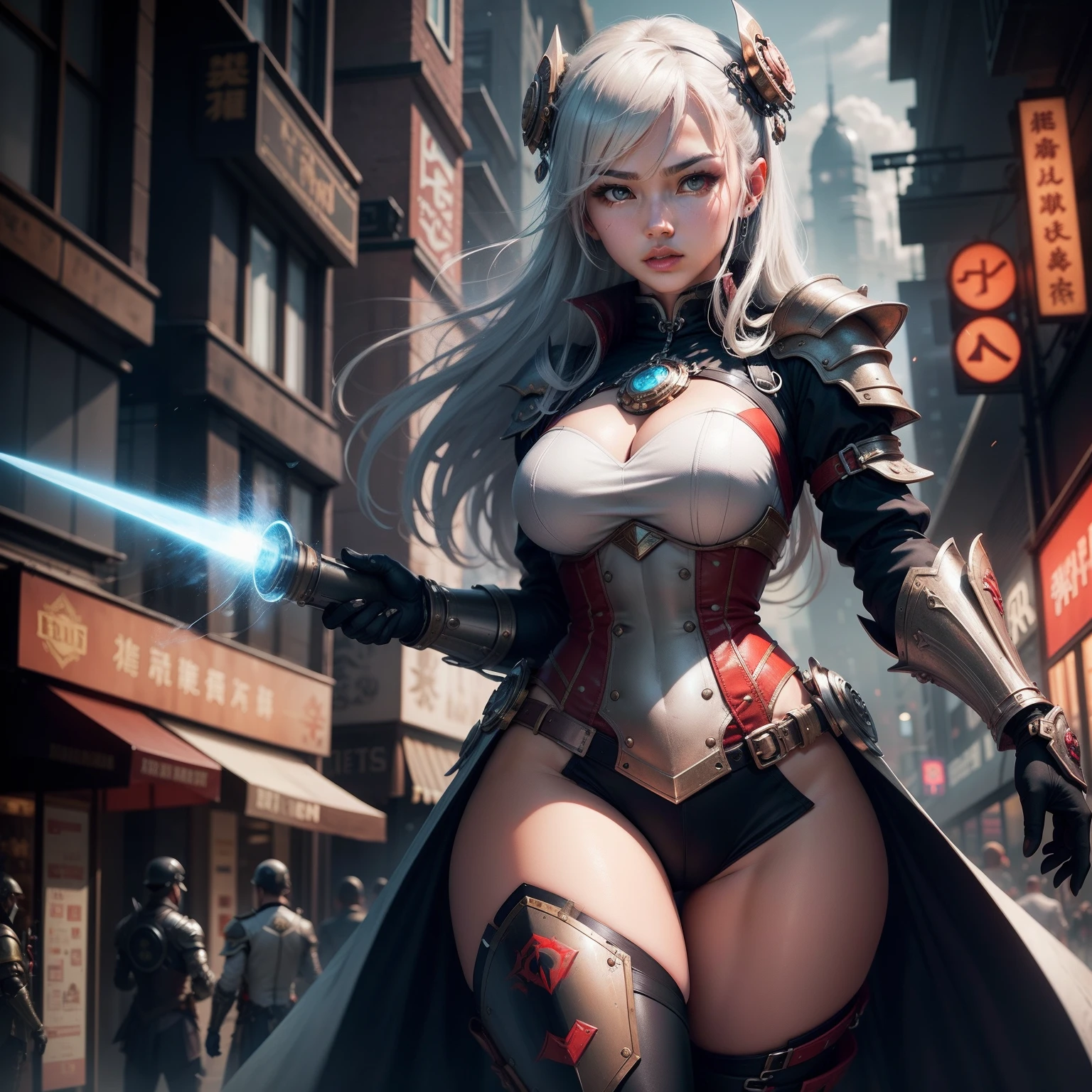 The woman was dressed in white steam armor。Holding a crimson high-frequency vibrating knife in his hand。In the city of steampunk,Fight Joshua, the one who is the utopian ruler。Highest image quality。Textured skin,Consistent with the anatomy of the human body。The background is full of neon。