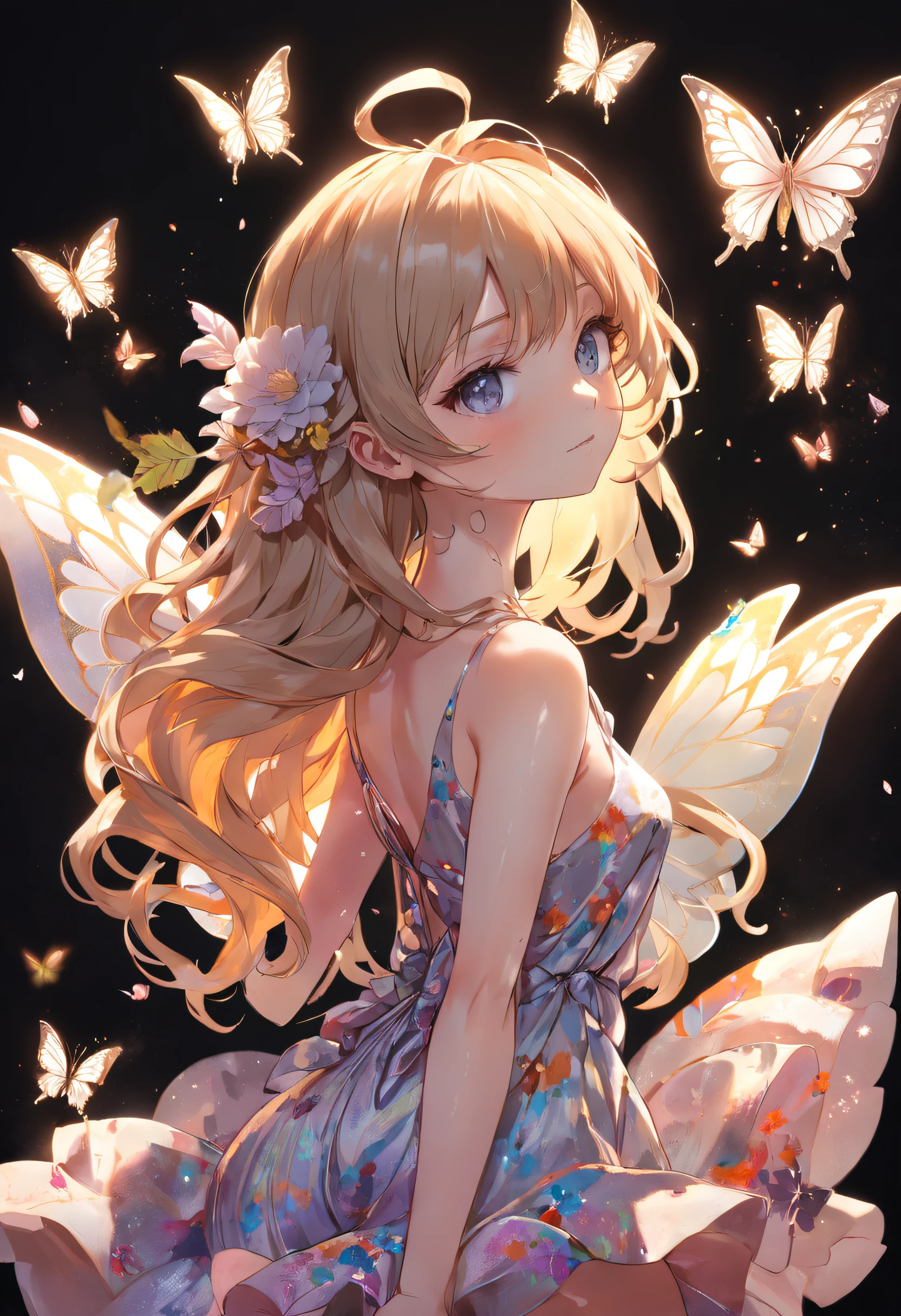 (extremely detailed CG unity 16k wallpaper:1.1), (Denoising strength: 1.45), (tmasterpiece:1.37), beautiful detailed flower, beautiful detailed eyes, hyper detailed, flower, hyper quality, eyes, flower and hair is same color, beautifuly color, face, {{{{{her hair is becoming flower, flower, hair, flower, butterfly, }}}}}, {{{{1girl}}}}kawaii, {{{high details, high quality}}}, {{{back light}}}, {{hair and clothes is flower}}, {{{upper body}}}, hair with body, webbed dress, upper body, flower leg, flower hands, body with flower, {{ flower with clothes}}, dress with flower, light particles, black background, {{{{Hair with flower}}}}, small breast with flower, big hair with flower, {{floating hair with flower, floating}}1girl, small breast, marbling with hair and clothes, looking at viewer, {{original}}, {{arm down}}, {{paper cutting}}, black background, flower forground, {{hair with flower}}, {{{{{highres}}}}, } hair with flower, hair with flower, hair, wavy hair, diffusion lighting, Butterfly, abstract, god rays, sparkle, glowing light, high quality