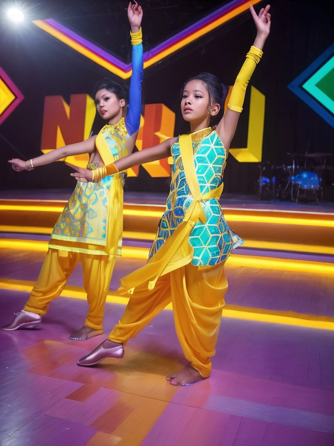 dancers in brightly colored outfits perform a dance routine on stage, dancing character, live performance, dynamic dancing pose, performing on stage, playful pose of a dancer, photo taken with nikon d 7 5 0, photo taken with nikon d750, with yellow cloths, music video, dancers, posing, people dancing in background, print ready, in blue and yellow clothes_james jean, floating female figure made of ribbons, smoke, in the sky, colorful and vibrant, mystical colors, contemporary impressionism, yanjun cheng portrait painting, iridescent painting, 3/4 perspective view, cute face, low angle, sweeping circling composition, large beautiful crystal eyes, big irises, UHD, HDR, 8K, (Masterpiece:1. 5), (the most beautiful portrait in the world:1.5)