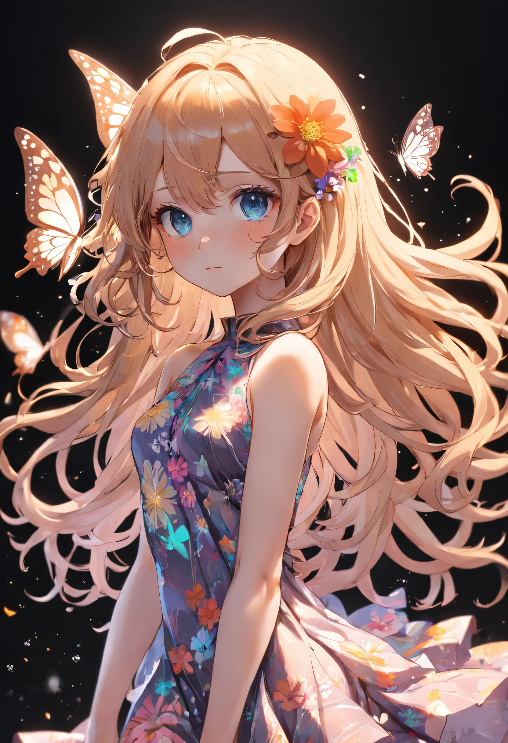 (extremely detailed CG unity 16k wallpaper:1.1), (Denoising strength: 1.45), (tmasterpiece:1.37), beautiful detailed flower, beautiful detailed eyes, hyper detailed, flower, hyper quality, eyes, flower and hair is same color, beautifuly color, face, {{{{{her hair is becoming flower, flower, hair, flower, butterfly, }}}}}, {{{{1girl}}}}kawaii, {{{high details, high quality}}}, {{{back light}}}, {{hair and clothes is flower}}, {{{upper body}}}, hair with body, webbed dress, upper body, flower leg, flower hands, body with flower, {{ flower with clothes}}, dress with flower, light particles, black background, {{{{Hair with flower}}}}, small breast with flower, big hair with flower, {{floating hair with flower, floating}}1girl, small breast, marbling with hair and clothes, looking at viewer, {{original}}, {{arm down}}, {{paper cutting}}, black background, flower forground, {{hair with flower}}, {{{{{highres}}}}, } hair with flower, hair with flower, hair, wavy hair, diffusion lighting, Butterfly, abstract, god rays, sparkle, glowing light, high quality