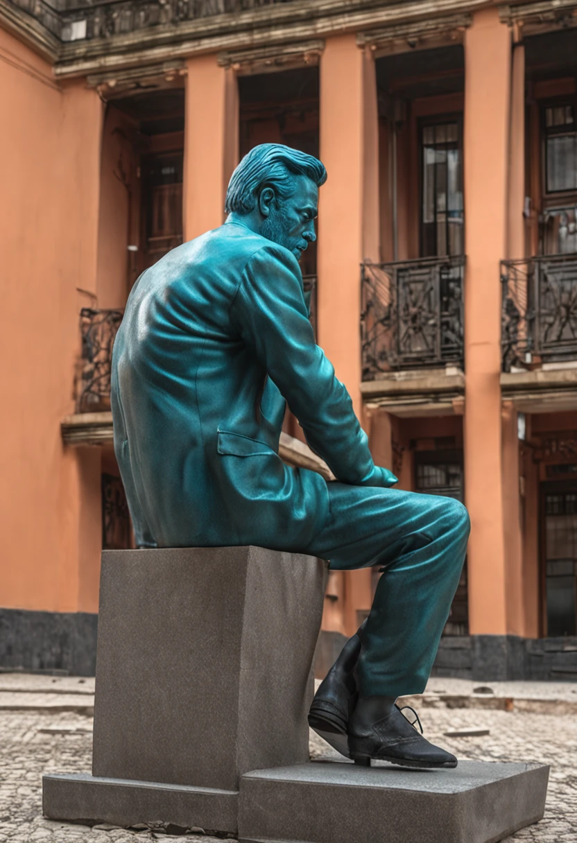 There is a statue of a man sitting on a bench outside a building, Completo - Ver, visto de fora, statue made of glass, tiro frontal, Directed by: David Ruby, vista externa, Vista frontal, Fachada Freddy Mamani Silvestre, imagem limpa, john jude palencar, vista frontal, obra-prima obra de arte, imagem frontal, virado para a frente