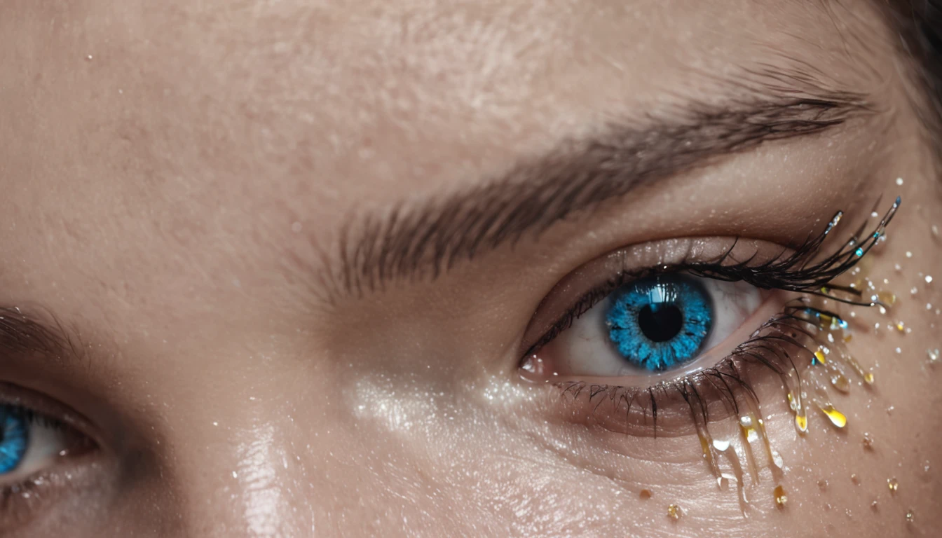 um close up do olho de uma pessoa com um olho azul e amarelo, tears dripping from the eyes, tears flow from her eyes, eye cyberpunk bionics, galaxy in the eye 👁️, olho bonito, tears from the eyes, cyber-eye, reflexos oculares, real eyes that are detailed, O Olho do Universo, Concentre-se nos olhos sonhadores, em 16:9