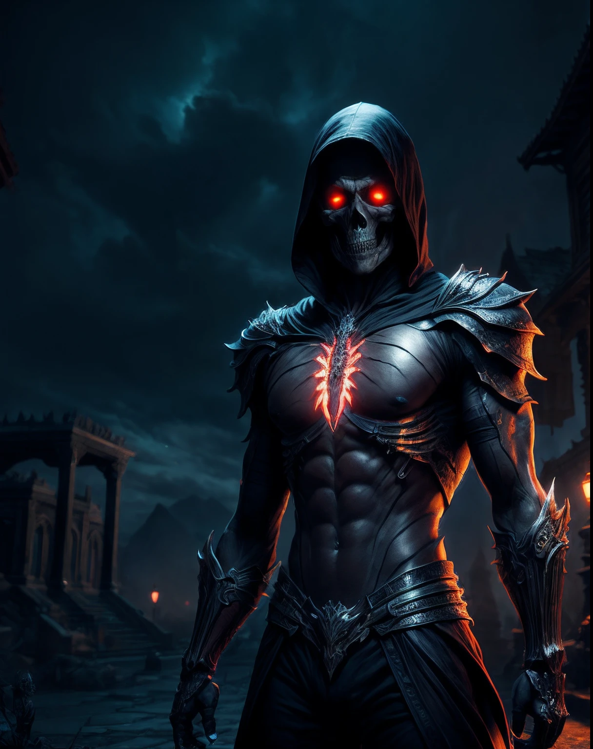 skeleton necromancer, REAL SKIN WRX62, REFLECTIVE SKIN MH66, VSGX62, REAL LIFE 5D PRO, NVDIA, AMD GRAPHICS, EPIC PORTRAIT, MOVIE STYLE DYNAMIC LIGHTING PRO, , highly detailed, micro detail, intricate, 8K, hyper detailed, realistic render, unreal engine, hyperrealistic, lifelike, very coherent, fantasy, cinematic lighting, at night, epic composition, masterpiece, cinematic,