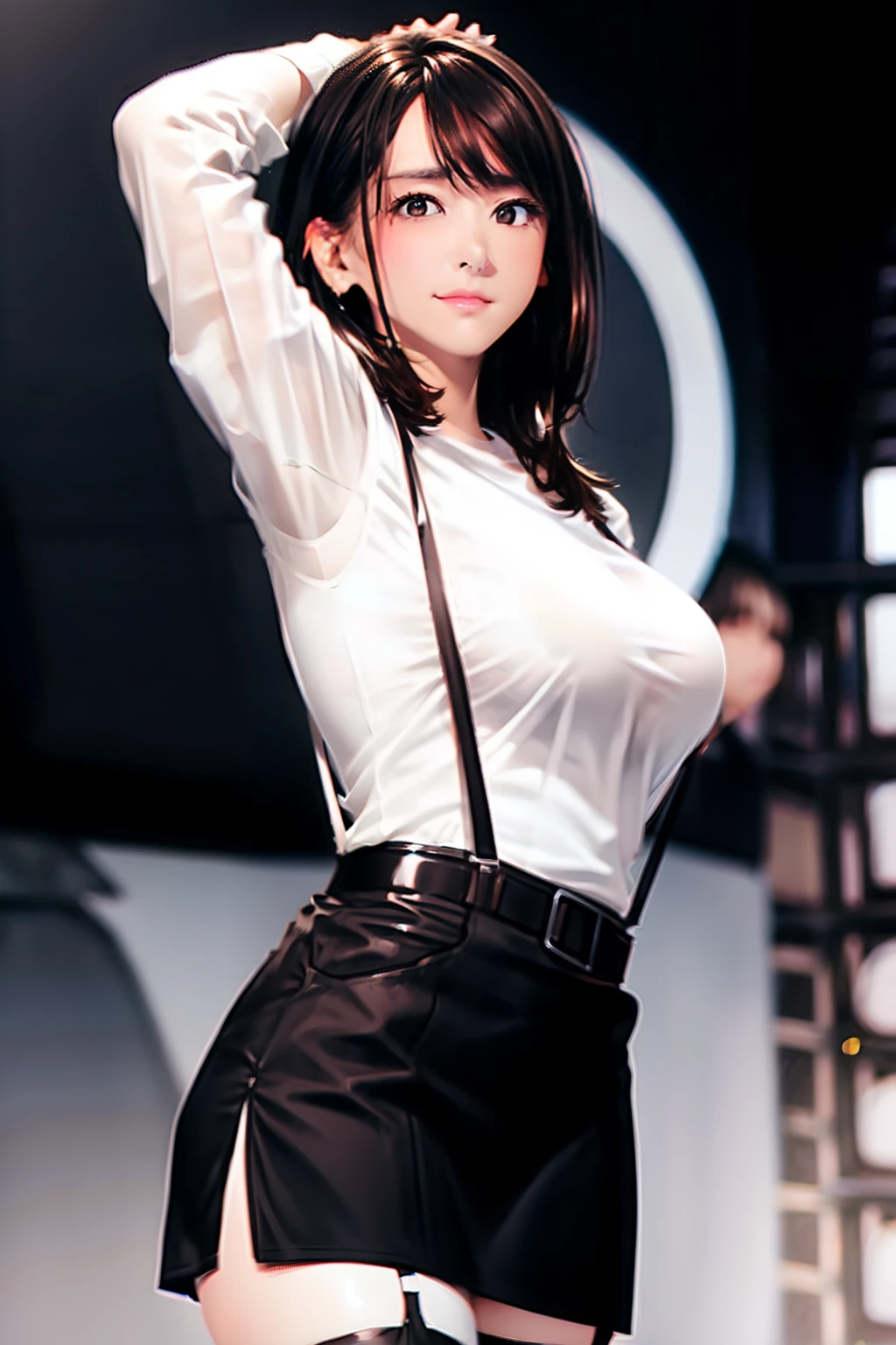 Black skirt, White cutter shirt suspenders, Brown hair Gray eyes, Garter belt on the legs, Tight clothes, a belt Armpit sweat deadpan large full breasts short-cut