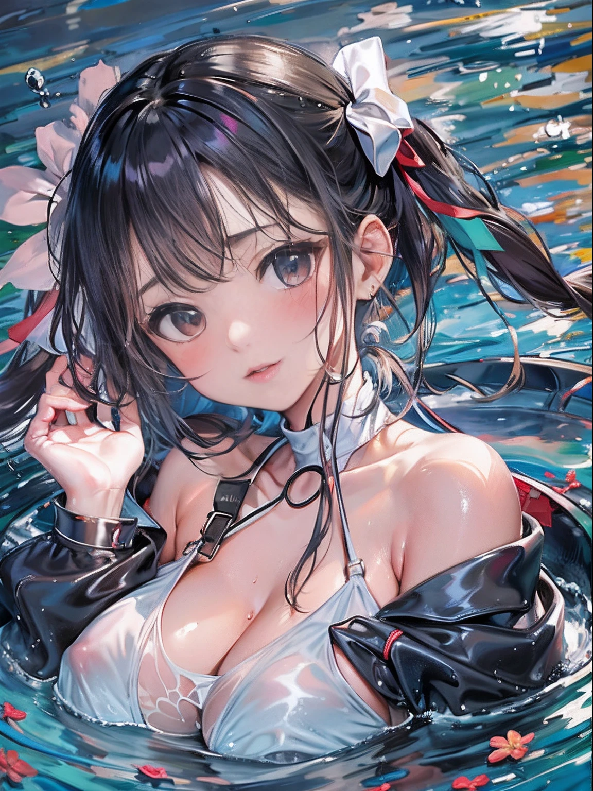 in 8K,​masterpiece、top-quality、The ultra -The high-definition、Top resolution、ighly detailed、profetional lighting、pretty skin、a very cute、Young Face、cleavage of the breast、Underbust、Hands on the chest, A dark-haired、semi long hair、Hair Ribbon、blue eyess、red blush、(Sit by the water:1.1)、Opening legs、raise her legs、 a navel、frombelow、a wet body、Transparent swimwear、 swimming pools、 (the wind:1.3),full body Esbian､large udder、Erect nipples 、big areolae、shoulder off、