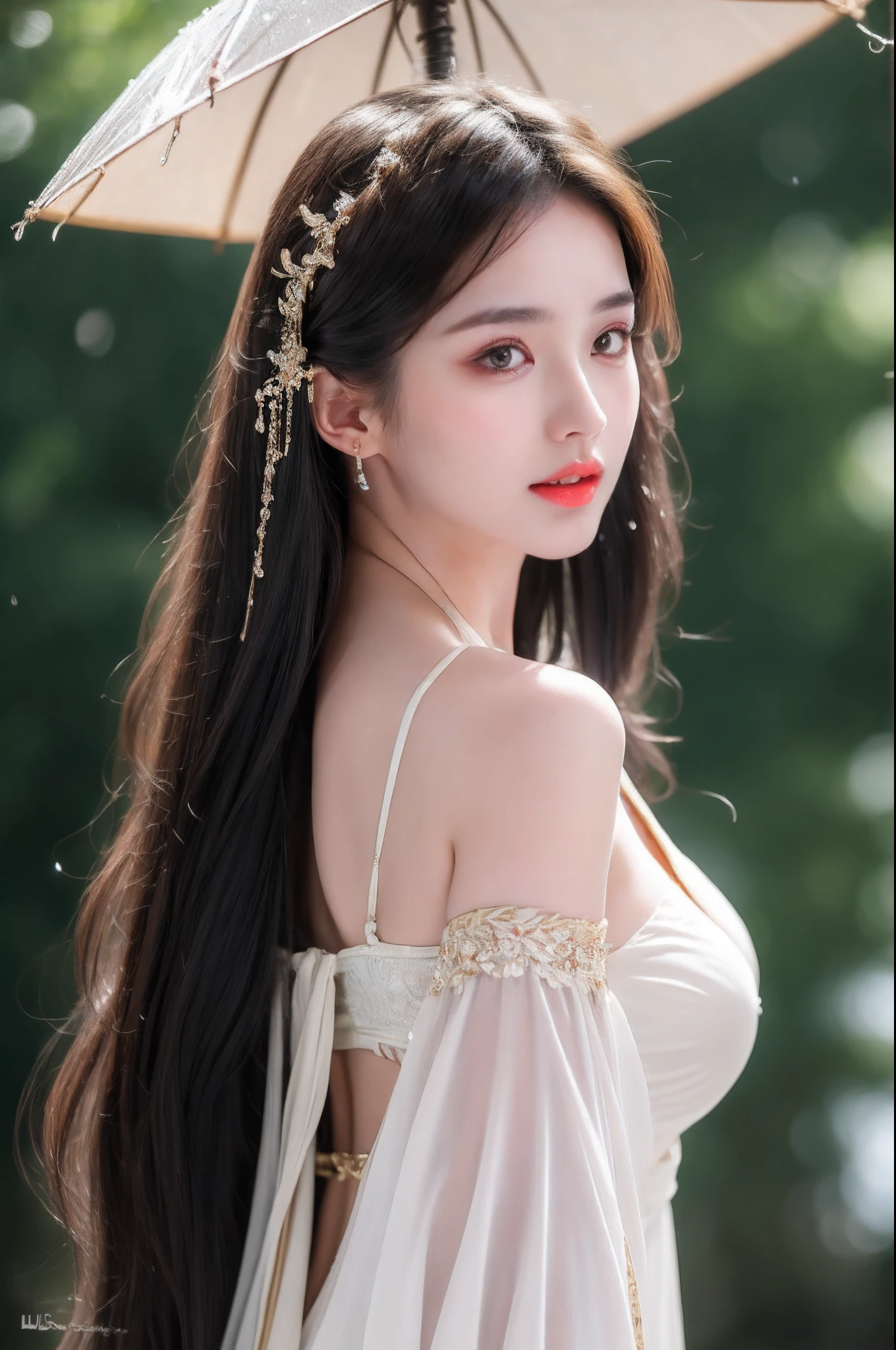 ((Best Quality, 8k, Masterpiece: 1.3)), Focus: 1.2, Perfect Body Beauty: 1.4, Buttocks: 1.2, ((Layered Haircut)), (Wet Clothes: 1.1), (Rain, Street:1.3), (Breasts: 1.2), (Hanfu: 1.2), Bare Shoulders, Bare Legs, Highly Detailed Face and Skin Texture, Fine Eyes, Double Eyelids, Whitened Skin, Long Hair, (Shut Up: 1.5), (Bokeh Background: 1.5), Big Breasts