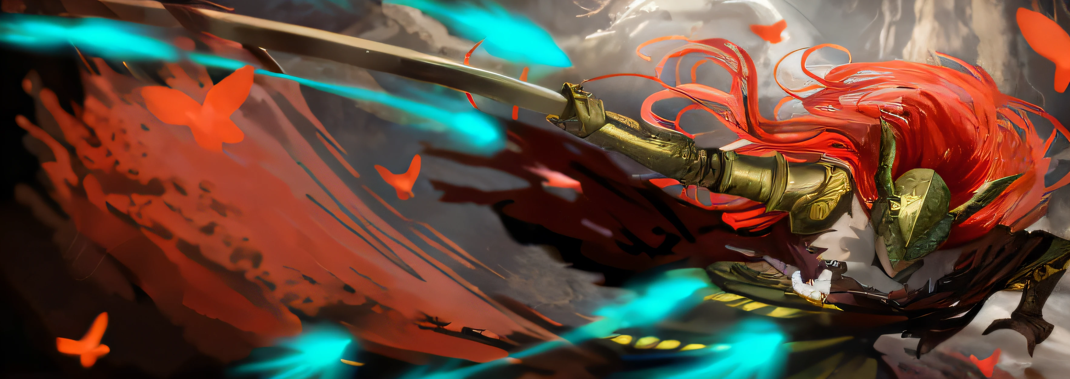 Anime - Stylistic image of a woman with red hair holding a sword, demon slayer artstyle, Anime epic artwork, Epic fantasy digital art style, In the art style of Mohrbacher, 2. 5 D CGI anime fantasy artwork, advanced digital anime art ”, brandishing powerful sword, The long sword in her hand, Elden Law Ring,valkyrie,Marlenia,