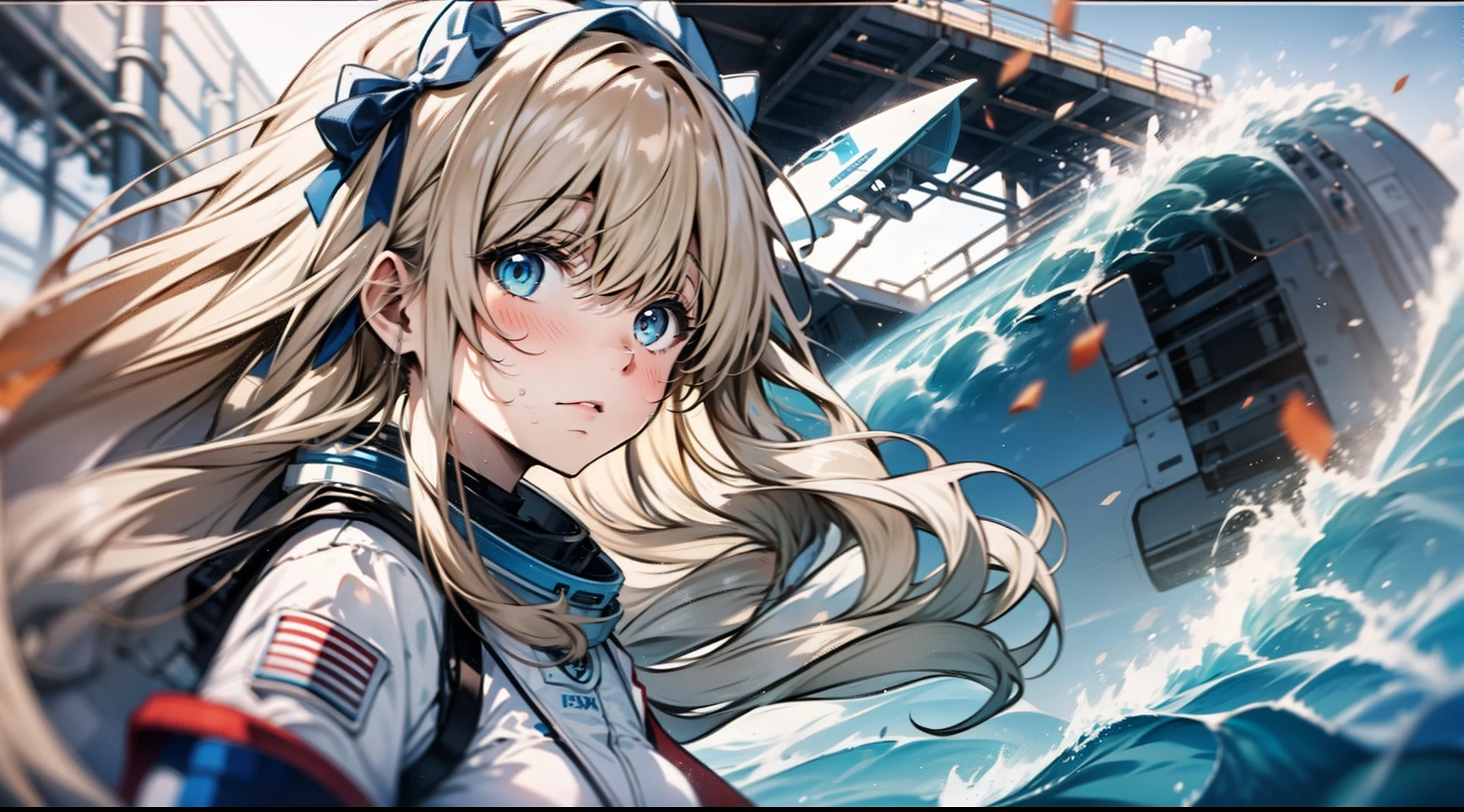 1girl, a girl in the water running from a giant wave, spaceship behind, futuristic, the girl wearing a white space suit with blue as a secondaly color, sun glare, bokeh, depth of field, blurry background, light particles, tired face, sweating, scared face shiina mahiru, long hair, caramel colored eyes, blue hair ribbon, blond hair, uncanny, feel terrify