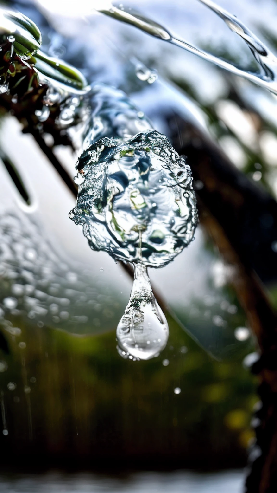 there is a drop of water hanging from a pine tree branch, mirror dripping droplet!, water droplets frozen in time, plant sap, water droplet, wet dripping, drop of resin srain droplets frozen in time, mirror dripping droplet, focus on droplets, masterpiece, hd