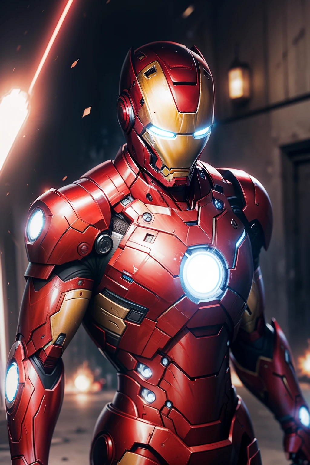 Ironman super hyper realistic carechter sleek elegant armor, radiant metal, intricate detail, celestial infernal asthetics, runes and sigils, central crystal core, pulsing energy, multicolored light, prismatic glow, muscler body