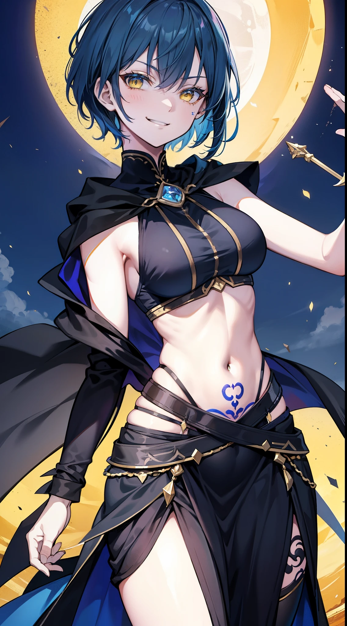 Adult woman, Short blue hair, Yellow eyes, tattoo, Dark magic dress, Sleeveless, open belly, open breasts, cloak, smirk, Masterpiece, hiquality
