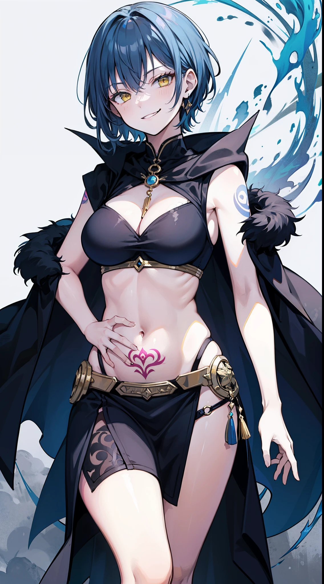 Adult woman, Short blue hair, Yellow eyes, tattoo, Dark magic dress, Sleeveless, open belly, open breasts, cloak, smirk, Masterpiece, hiquality