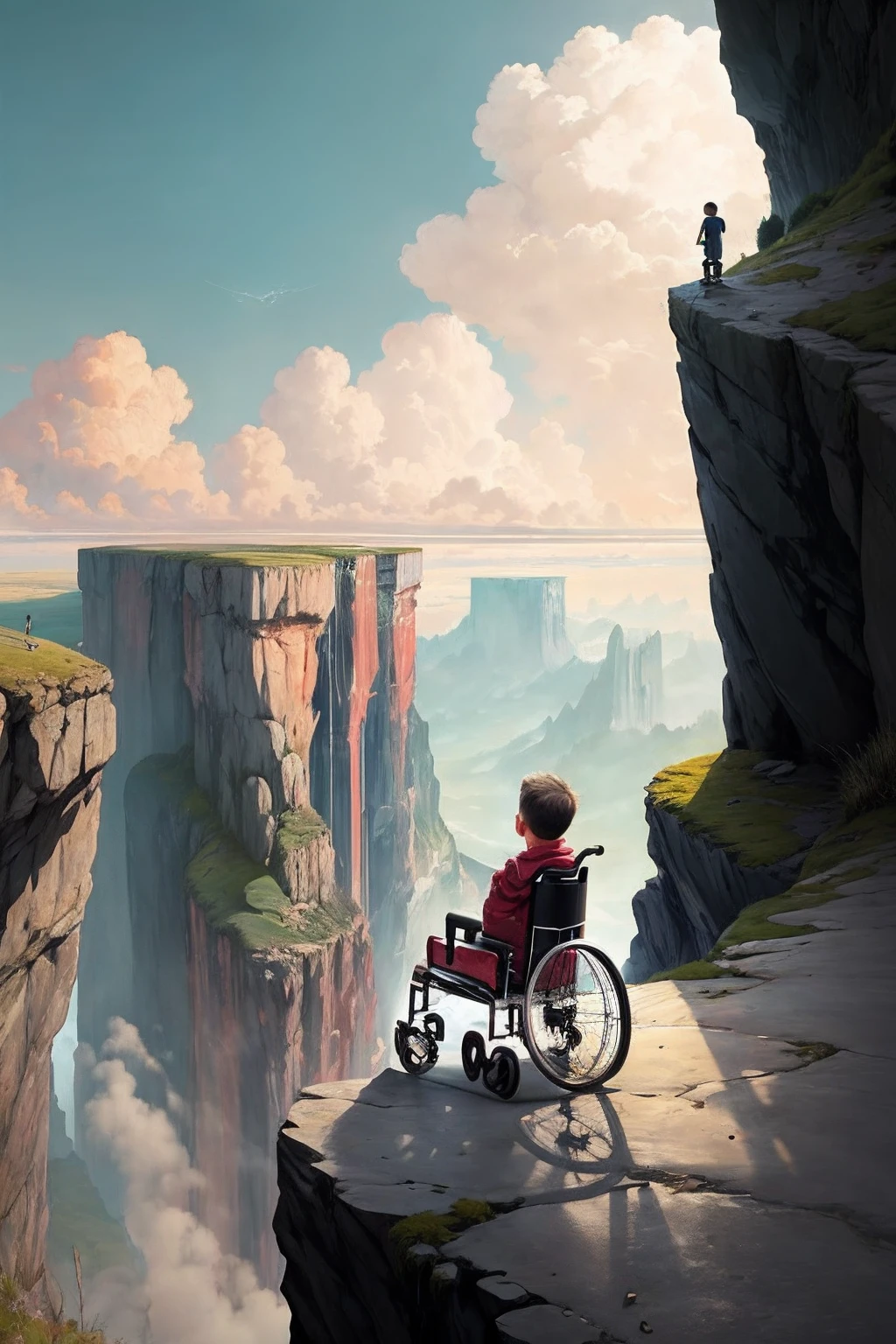 A boy in a wheelchair looks up at the sky alone on the edge of a cliff,Back Shadow