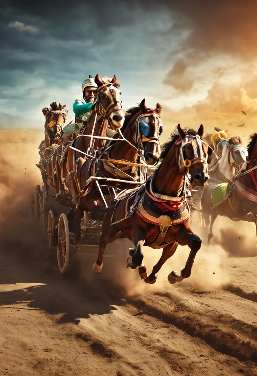 Generate an image capturing the excitement and intensity of ancient Roman chariot racing. Showcase vibrant chariots in full sprint, fans cheering in the stands, and the distinct colors of the rival factions, Greens and Blues, vividly displayed