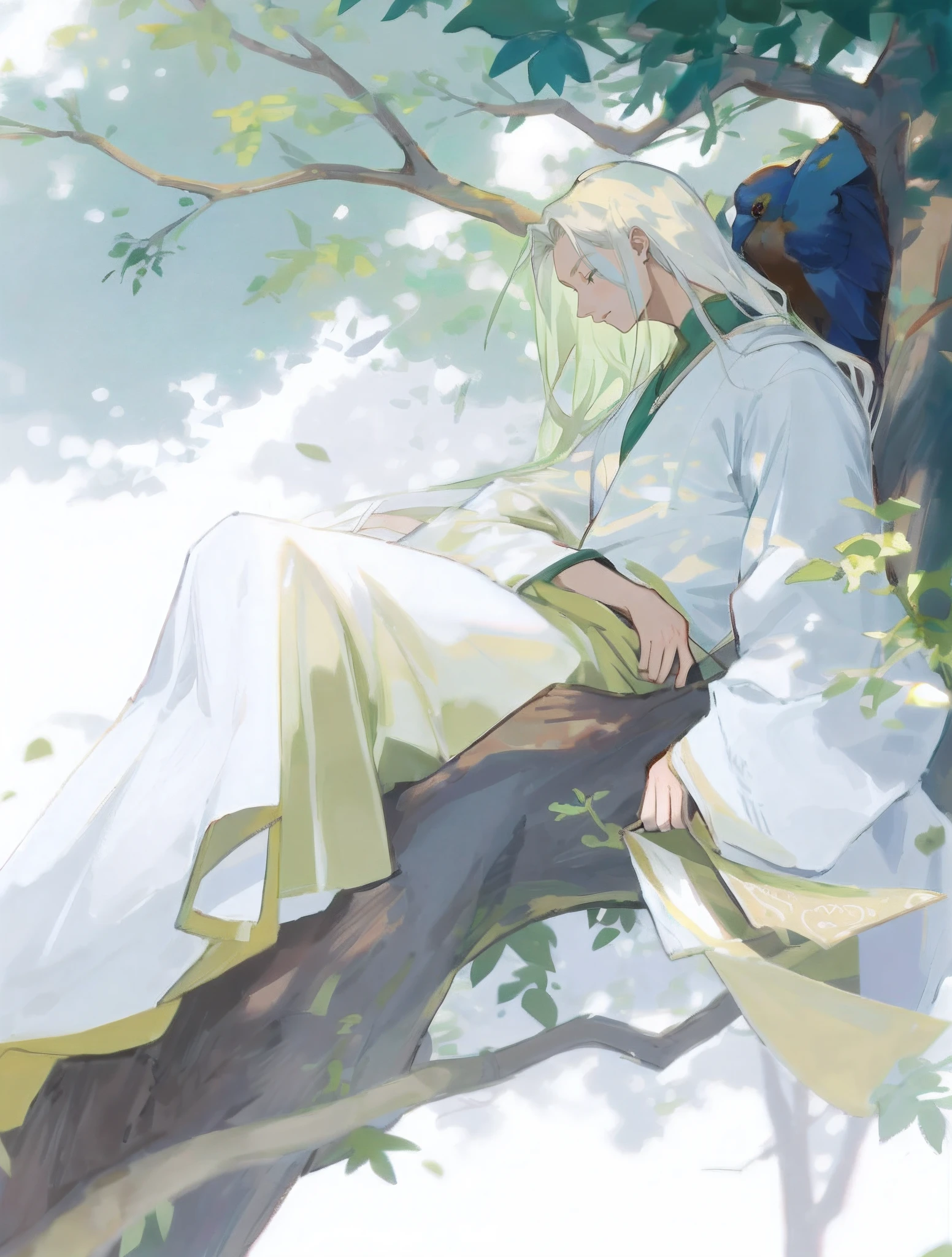 anime big breast,Boy sitting on a tree branch in green Han costume, A flowing green robe, ((Long flowing white hair)),Left-handed folding fan,The right hand falls on the wine altar,Bluebirds perched on tree branches,Shade,Foliage,Beautiful Peace Scene, aethereal,Quiet and peaceful,go to bed