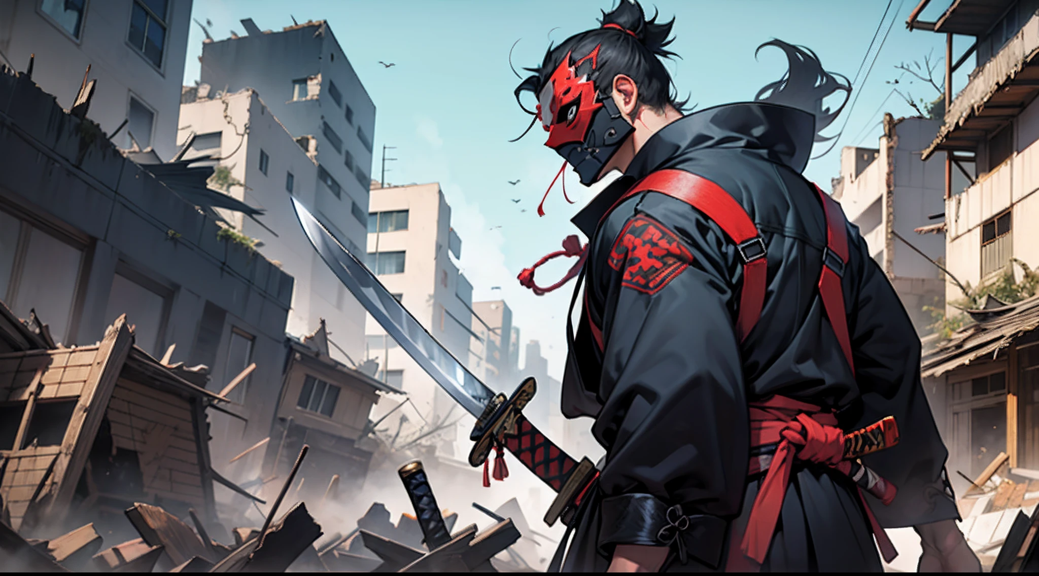 masked samurai holding a katana while standing over a destroyed village --auto --s2