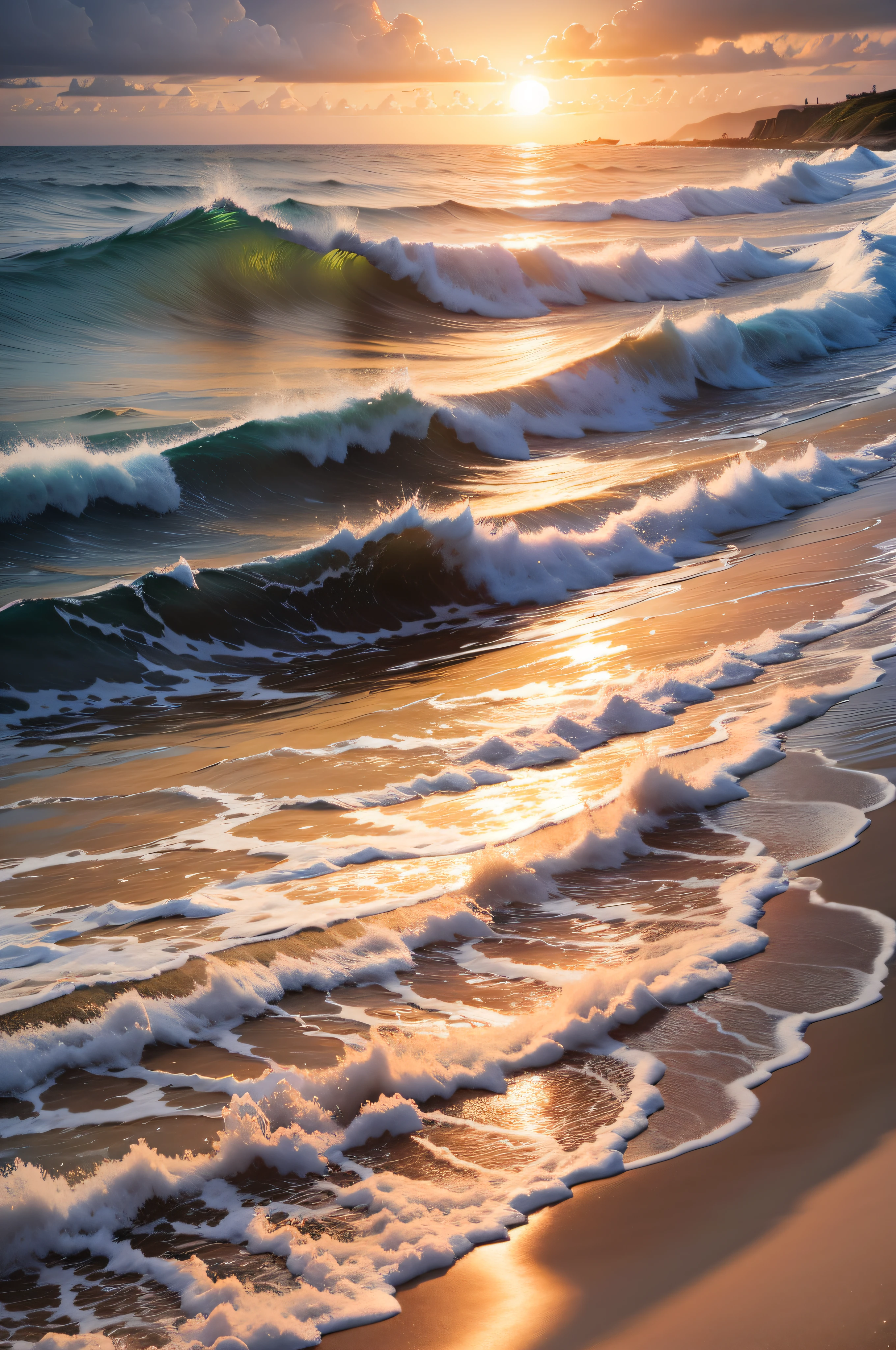 The golden evening sun shines on the soft beach，The waves are rough，The reef in the sea is pointed，