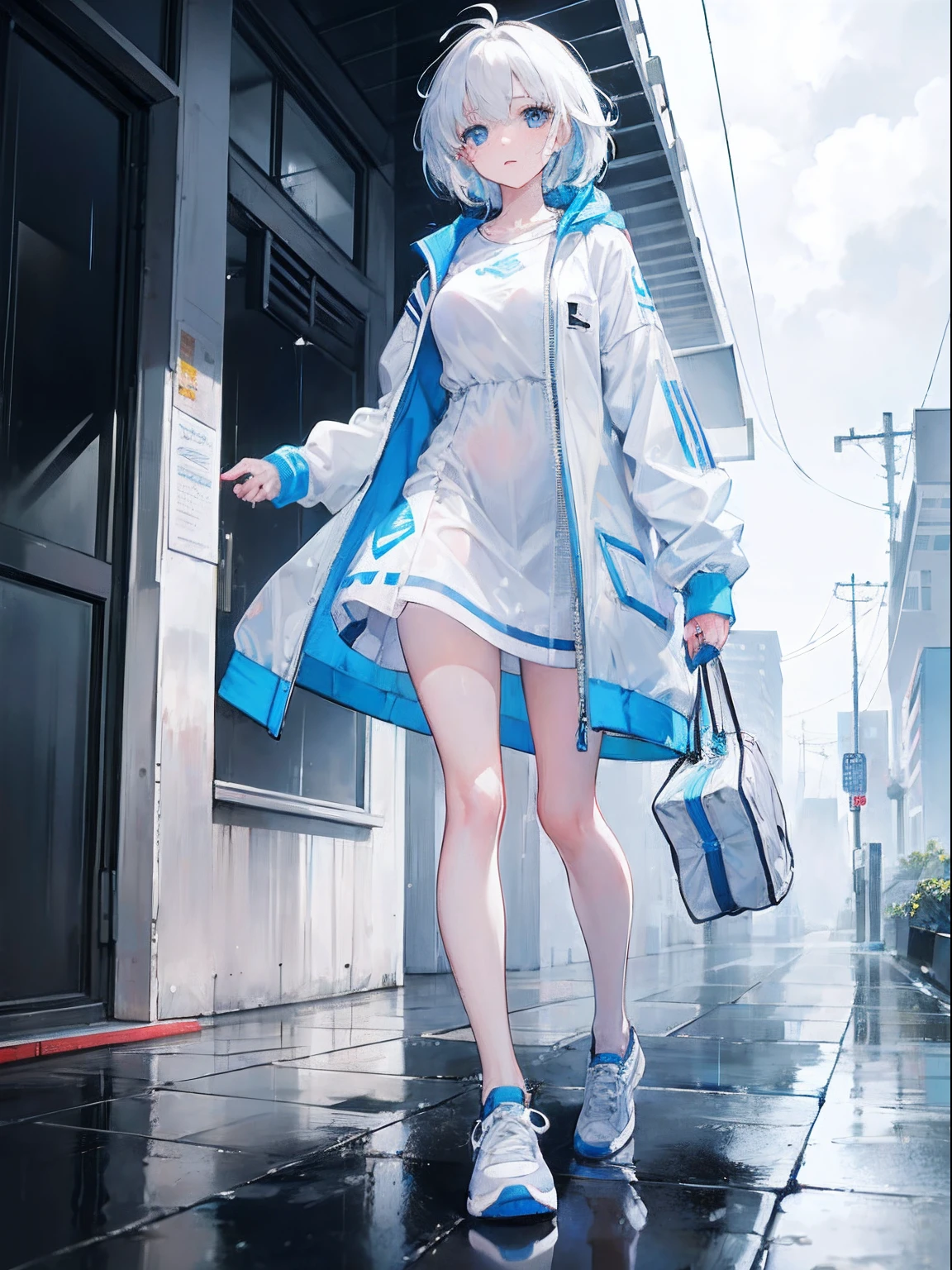 1 Female body，standing on your feet，Fit your body,  white short messy hair, Sky blue eyes, White coat，Blue pattern，Short white dress，big laughter，athletic sneakers ,Rained，Rain on the body，sharp-focus，A high resolution, ultrasharp, 8K, Masterpiece,