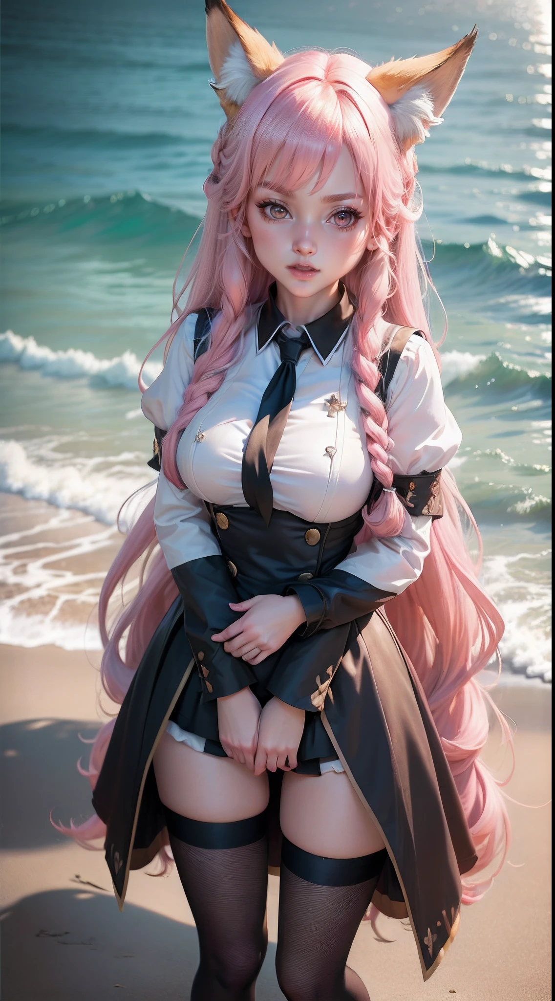 masterpiece, best quality, artbook, girl, long hair, fox_ears, masterpiece,best quality,official art,extremely detailed CG unity 8k wallpaper, bell, medium breasts, Sailor dress, white kneehighs, on the beach, original, pink hair, tongue out, black eyes, cross-laced_footwear, arms_crossed, stewardess,