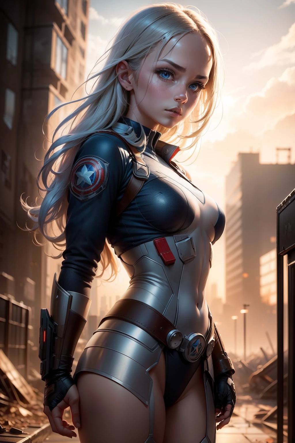 (1girl:1.3), solo, __body-parts__, official art, unified wallpaper 8k, super detailed, beautiful and aesthetic, beautiful, masterpiece, best quality, raw, masterpiece, super beautiful photo, best quality, super high resolution, photorealistic realism, sunlight, full-length portrait, amazing beauty, dynamic pose, delicate face, bright eyes, white hair ((rear view)), she wears a futuristic Captain America costume, blue color scheme, (holding a shield), Capital A on the chest, very detailed abandoned warehouse background, detailed face, detailed complex busy background, dirty, gorgeous, milky white, very detailed skin, realistic skin details, visible pores, sharp focus, volumetric mist, 8k uhd, SLR camera, high quality, film grain, light leather, photorealism, lomography, huge metropolis in a future dystopia, bottom view, translucent