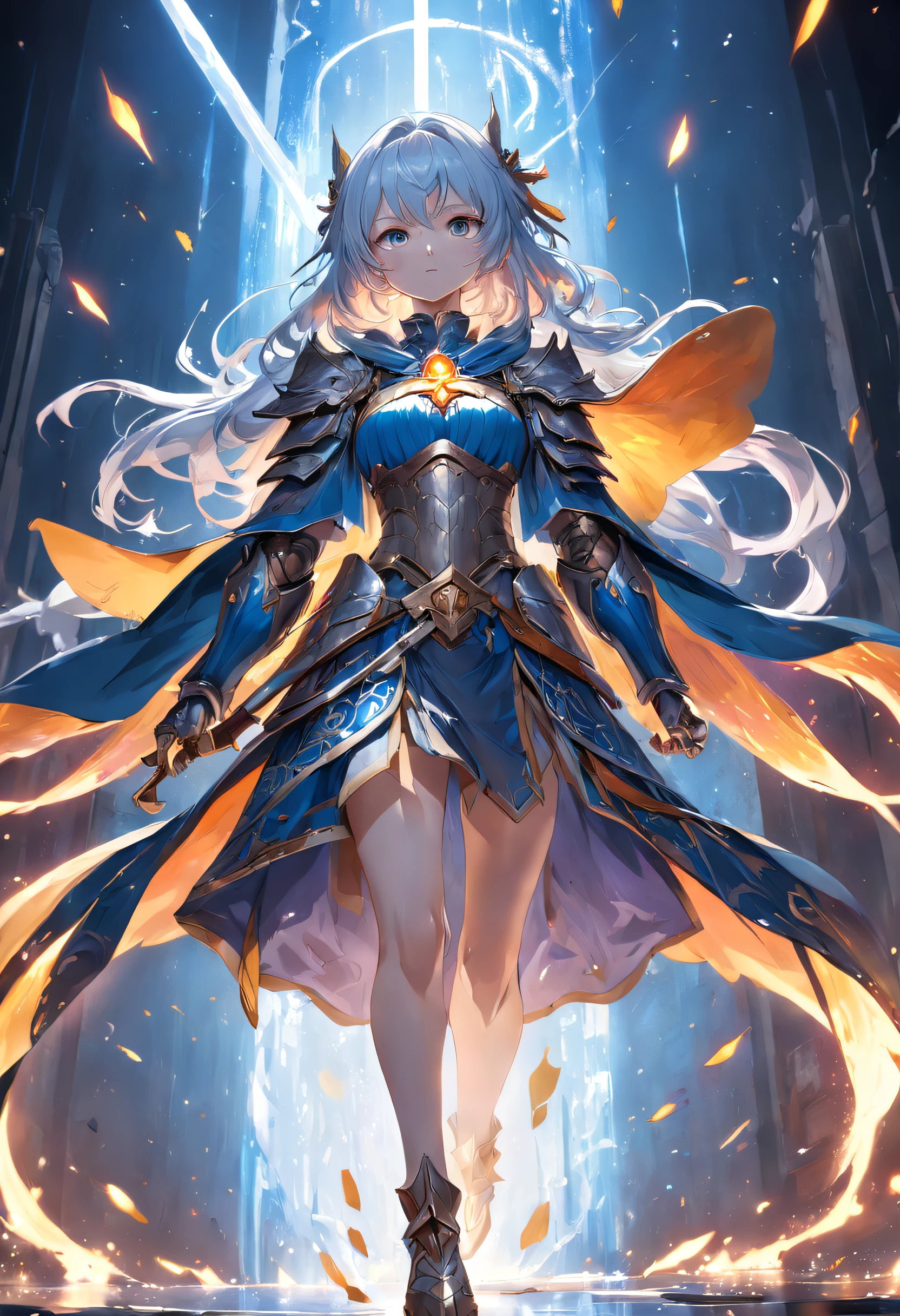 (Extremely detailed CG Unity 16k wallpaper:1.1), (Noise Removal Strength: 1.45), (tmasterpiece:1.37), Ultra-detailed, Knight in armor, metal, Extremely detailed HD wallpapers, fluorescence, Colorful background, cool movement, insanity, Dynamic composition, Exercise, ultra - detailed, Cloak, Incredibly detailed, A lot of detail, amazing fine details and brush strokes, smooth, hd semirealistic anime cg concept art digital painting, volume, An extremely delicate and beautiful, Dynamic Angle, Floating, Painting, Solo, full bodyesbian, 1人, Look up, Cloak, Dark souls, Two arms, Realism, god light, Sparkle, Glowing light, Masterpiece, Best quality, 8K