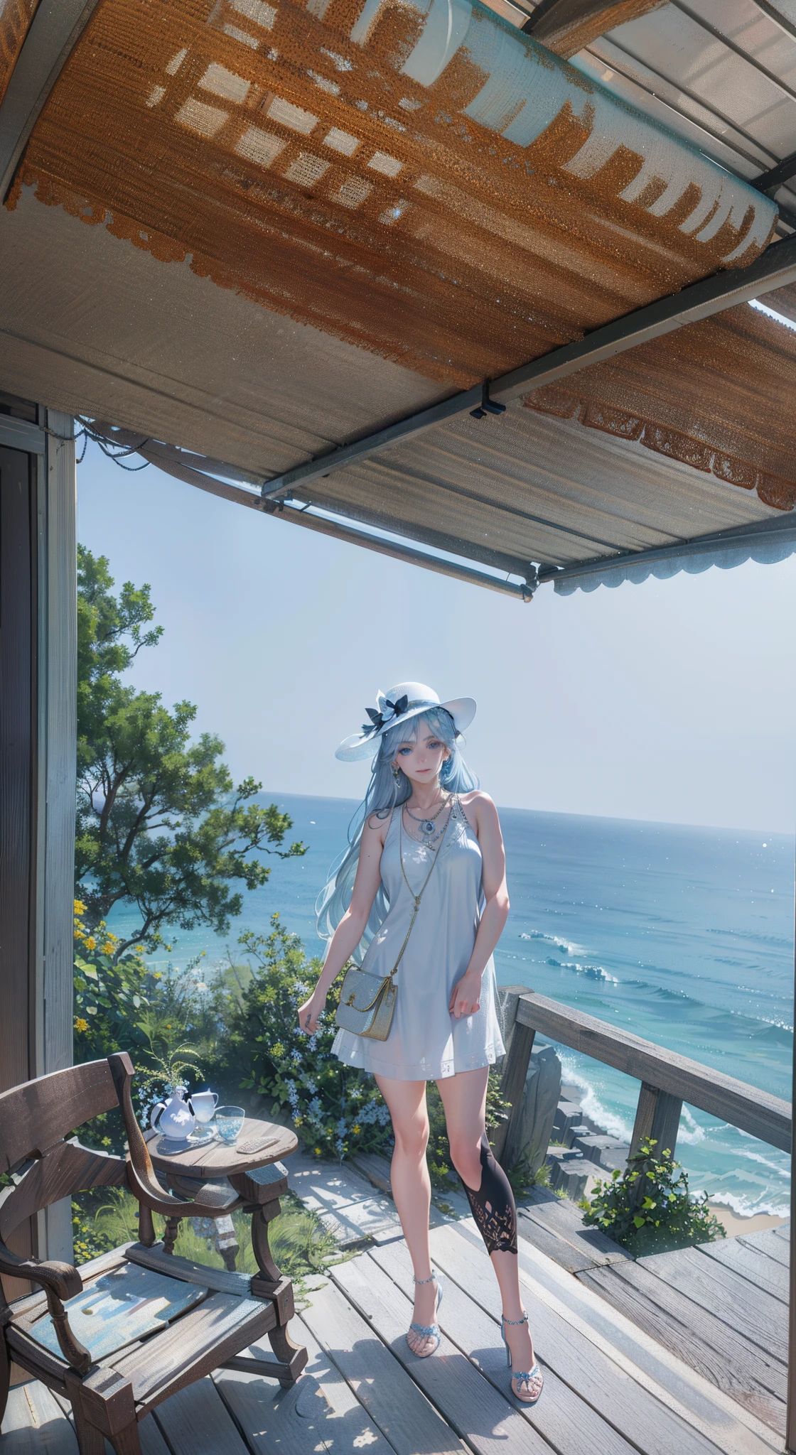 (masterpiece, finely detailed beautiful eyes: 1.2), (light-blue hair:1.2), (Zaffre eyes color:1.1), long hair, straight hair, (black tank top:1.2), realistic lighting, beautiful lighting, raytracing, photorealistic, (hyperrealistic:1.2), highres, 4k, 8k, (extremely detailed CG, 8k wallpaper:1.1), extremely detailed, sharp, digital illustration, detailed, realism, beautiful face, highly detailed face, ultra-realistic, masterpiece, detailed eyes, hyper-detailed, volumetric lighting, realistic shadows, intricate details, small details, cheerful, smile,  (white hat:1.2), silver_necklace, high heels, (on the beach:1.2),