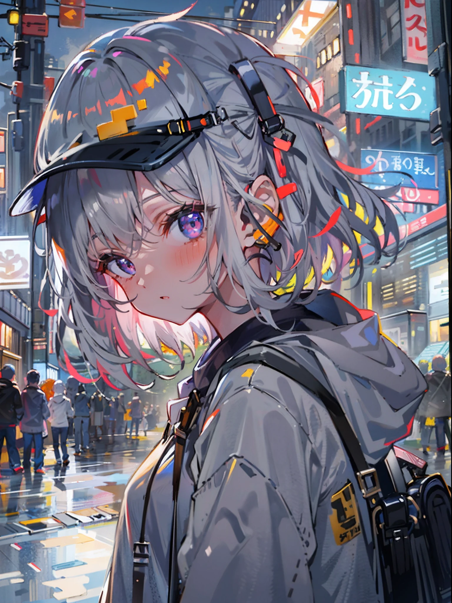 masterpiece, girl alone, solo, incredibly absurd, hoodie, headphones, street, outdoor, rain, neon,