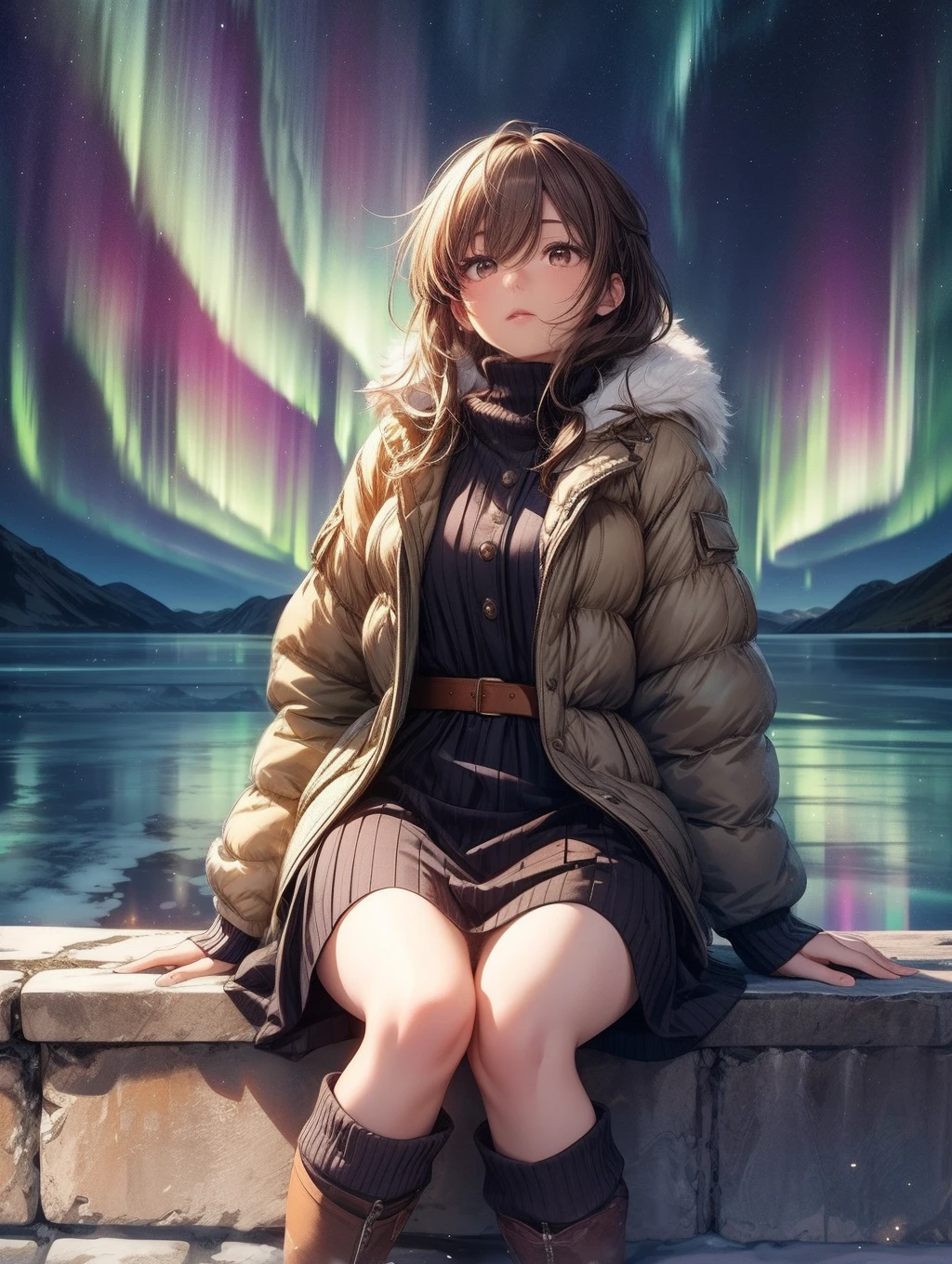 Best Quality, masutepiece,Aurora、Looking up at the Northern Lights、The background is the North Pole、beautiful mature women、Beautiful face、Strong-minded woman、brown haired、Brown-eyed、Longhaire、Undersized eyes、Full body like、Warm clothing