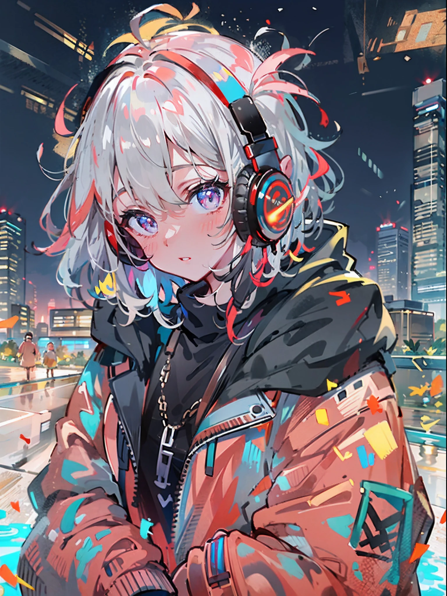8K分辨率、((top-quality))、((​masterpiece))、((ultra-detailliert))、1 woman、独奏、incredibly absurdness、Oversized hoodies、headphones、Street、plein air、Sateen、neons、Shortcut Hair、Brightly colored eyes、Hands in pockets、shortpants、water dripping