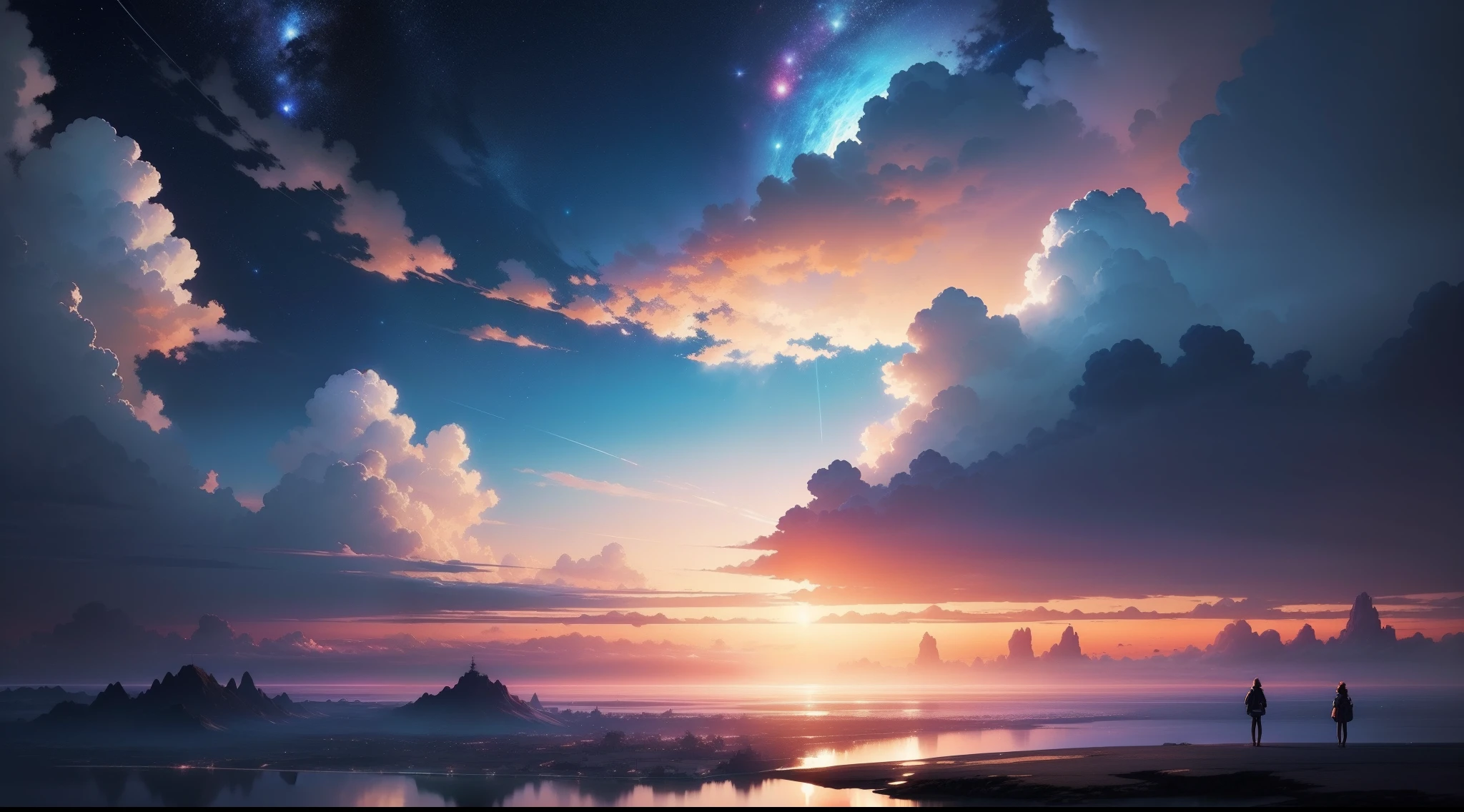 No people、There is a picture of the sky,There are clouds and stars,Space sky。Authors:Shinkai sincerely、Anime Sky、Anime Cloud、Blue Ocean。Shinkai sincerely,style of makoto shinkai,style of makoto shinkai,Lost Land。Inspired by landscape backgrounds,Shinkai sincerely,Shinkai sincerely。- H 2160,夏天,Makoto Shinkai Concept Art,Tumbler,magic realism,Beautiful anime scenes,Beautiful sky。Shinkai sincerely,(By Shinkai Makoto)),Anime Background Art,anime backgrounds,style of makoto shinkai,anime movie background,mare,no man、shooting stars、I looked up at the sky、Evening glow