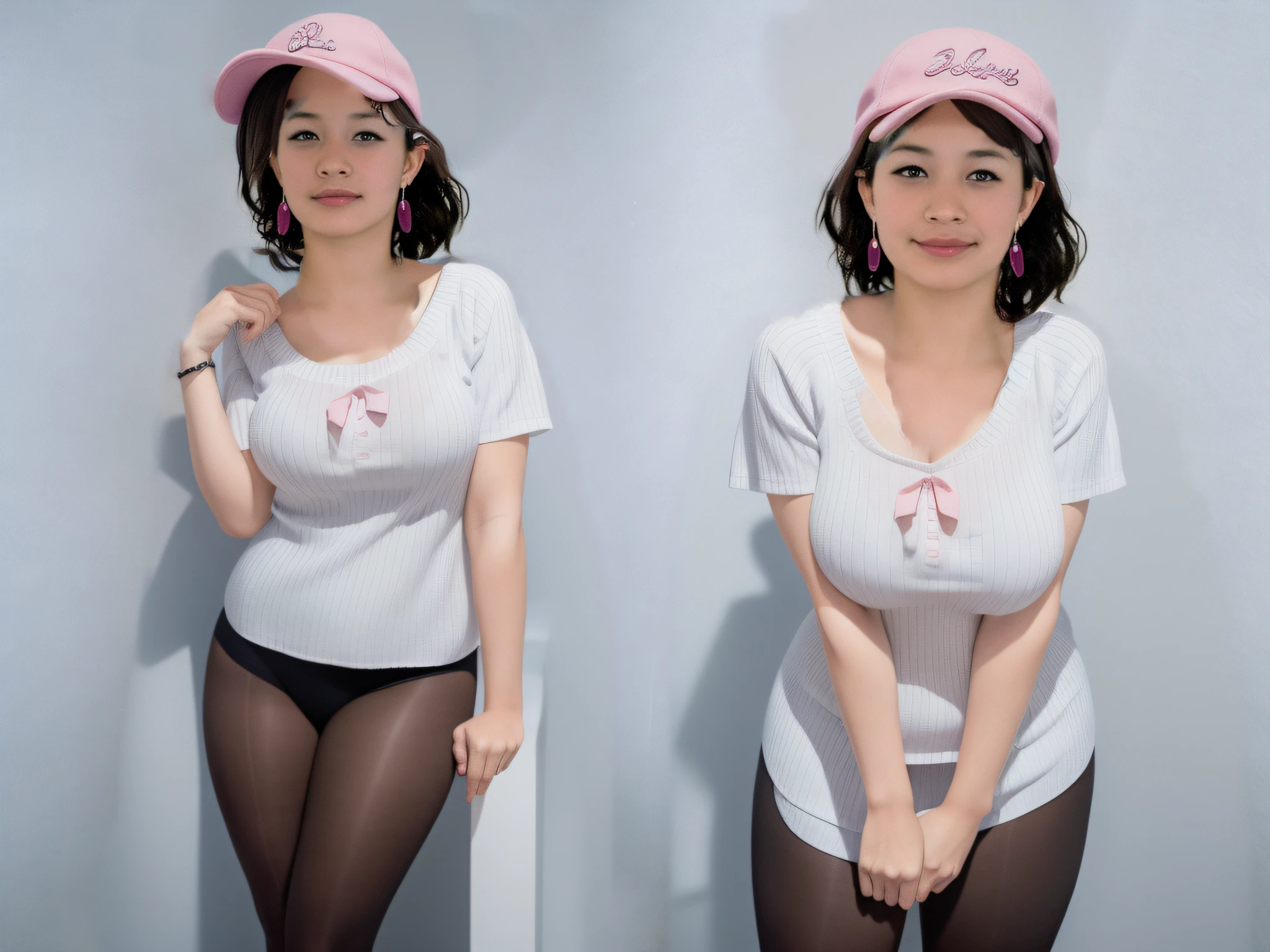 short dark brown hair, gorra con orejas y cara de gato, gorra rosa y blanca, escote amplio, showing separation of the breasts, pechos parcialmente expuestos, Pink school bun at neckline, cordones blancos en la blusa, School bowtie pastel pink