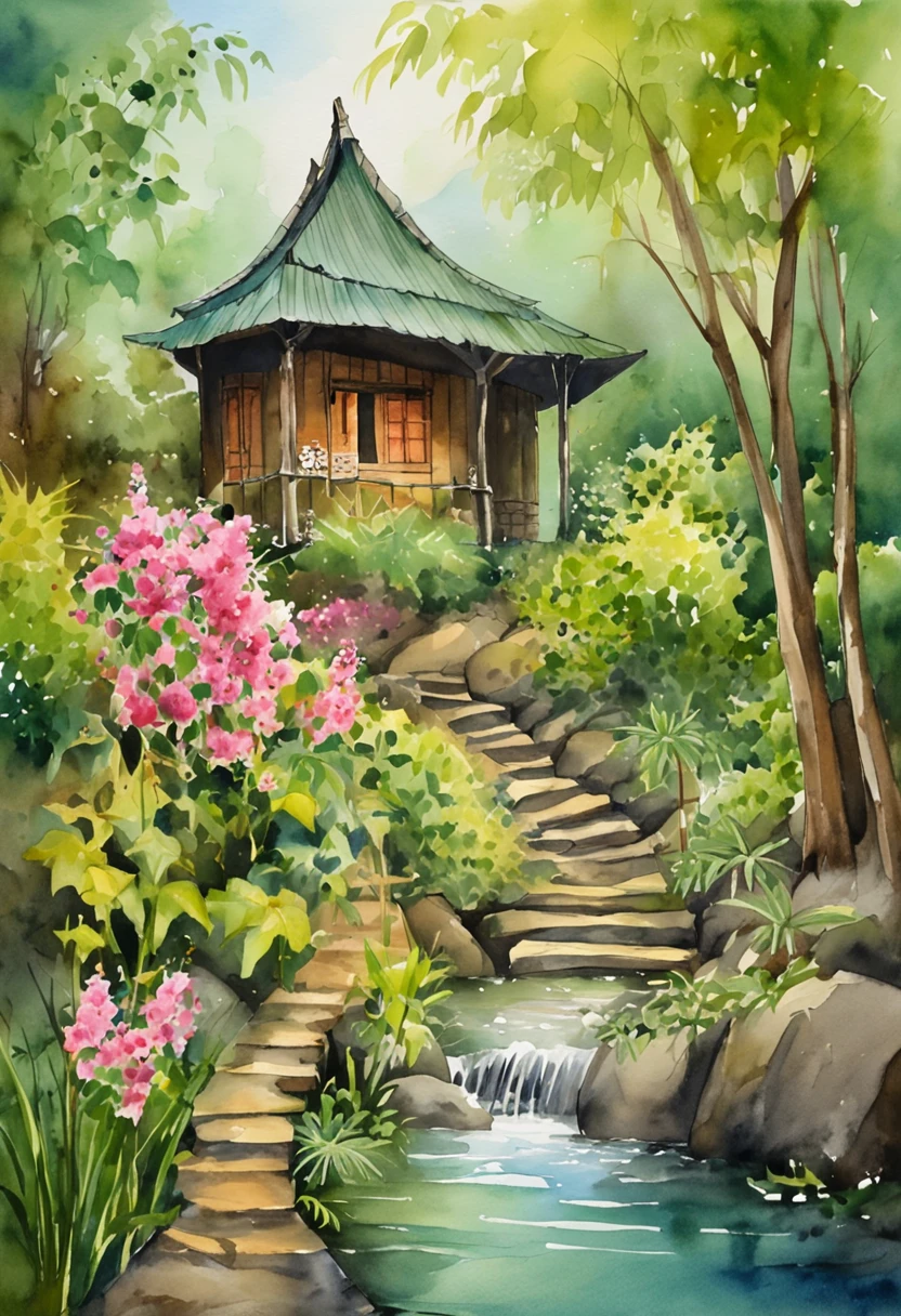 A hut in the middle of a bamboo forest,There is a small stream in front of the cottage,There is a courtyard in front of the house,Man tending flowers and plants in the courtyard,Woman and daughter frolicking in the courtyard,The picture is a shocking look up,4k画质,Cinematic lighting effects,Tyndall Light,The whole scene is pale green,The color atmosphere is strong