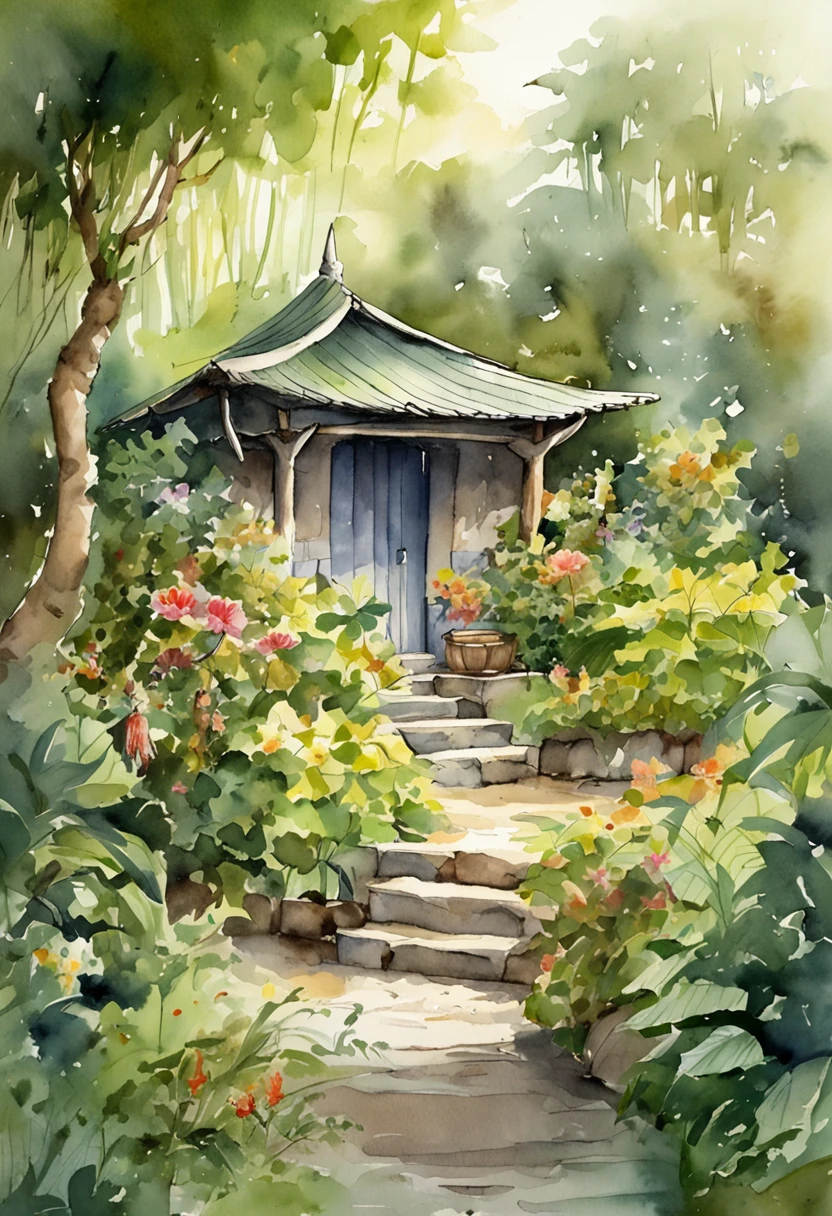 A hut in the middle of a bamboo forest,There is a small stream in front of the cottage,There is a courtyard in front of the house,Man tending flowers and plants in the courtyard,Woman and daughter frolicking in the courtyard,The picture is a shocking look up,4k画质,Cinematic lighting effects,Tyndall Light,The whole scene is pale green,The color atmosphere is strong