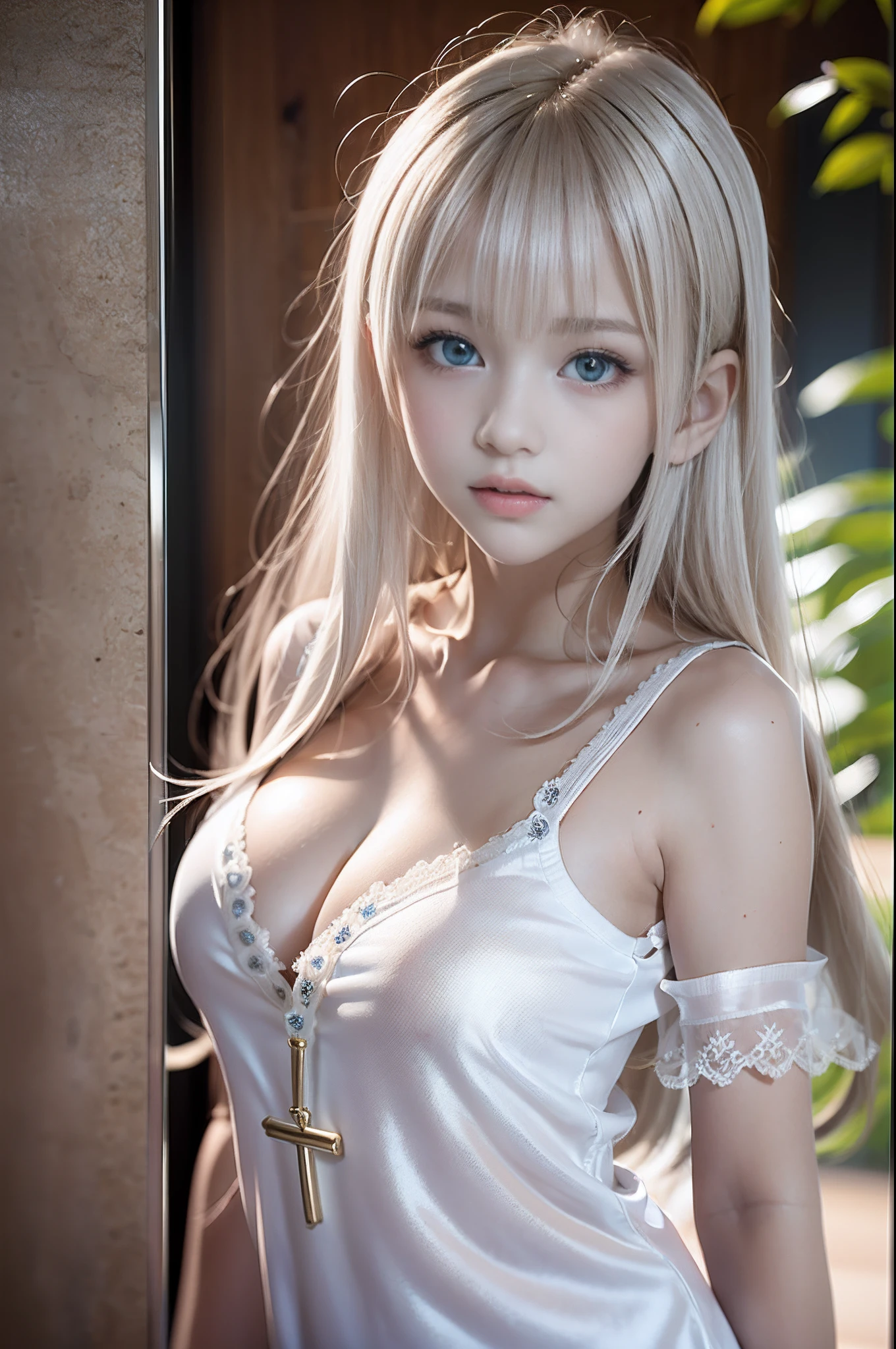 bright expression、Young shiny shiny white shiny skin、Best Looks、Blonde reflected light、Platinum blonde hair with dazzling highlights、shiny light hair,、Super long silky straight hair、Beautiful bangs that shine、Glowing crystal clear attractive big blue eyes、Very beautiful nice cute 16 year old girl、Lush bust,Beautiful detailed eyes, beautiful detailed nose,(( Full body:1.5)),Makeup that the eyes emphasize、,(Women like Joan of Arc)、 ornate detail, nature backdrop, Hyper-realistic, ((Cinematic)), ((White Shirt Dress:1.4))、(Loose and fluffy perm:1.4)、1 girl in、((Bob Hair:1.3))、Picture-perfect face,clean, Perfect face, Beautiful face, Beautiful eyes, ((Perfect female body)), Solo,(Immersive atmosphere,Luminous lighting),(blush:0.5),fascinated expression,Large breasts,beautifullydetailedbackground,depth of fields,Realistic:1.3, Full body,(Cinematic composition:1.3),((dynamicposes))、(Fascinate boldly:1.5)、(no-bra、teats)、fluffy hair、、((Lacey Camisole in Silk:1.5))、Ultra-exposed cleavage、Full body、fluffy hair、
