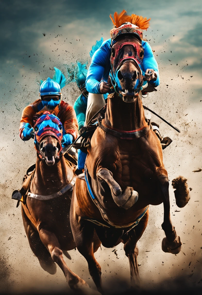 Generate an image capturing the excitement and intensity of ancient Roman chariot racing. Showcase vibrant chariots in full sprint, fans cheering in the stands, and the distinct colors of the rival factions, Greens and Blues, vividly displayed